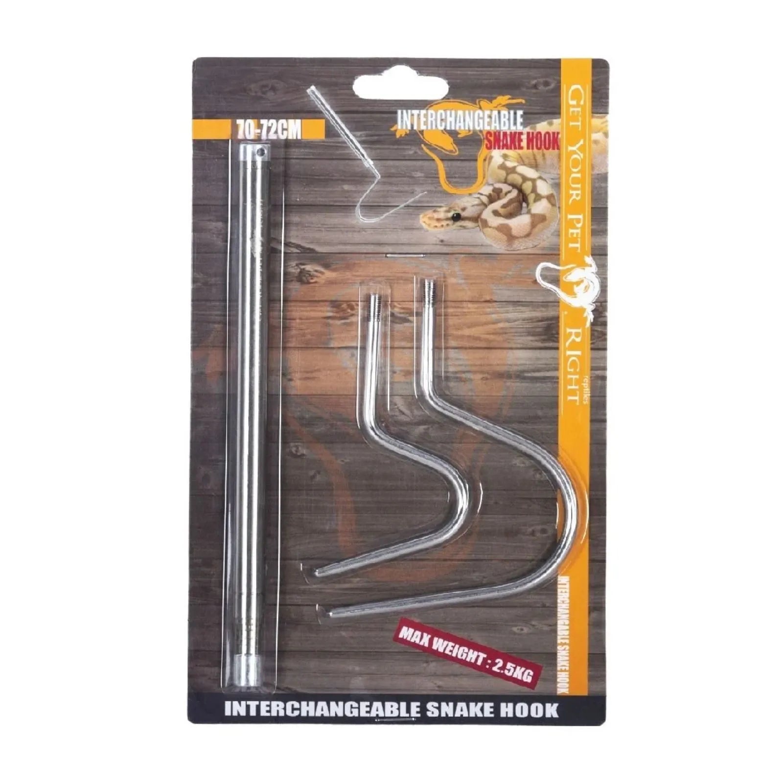 Get your pet right interchangeable snake hooks for pets, featuring a clear metal hook and two curved metal hooks on a branded cardboard backing.