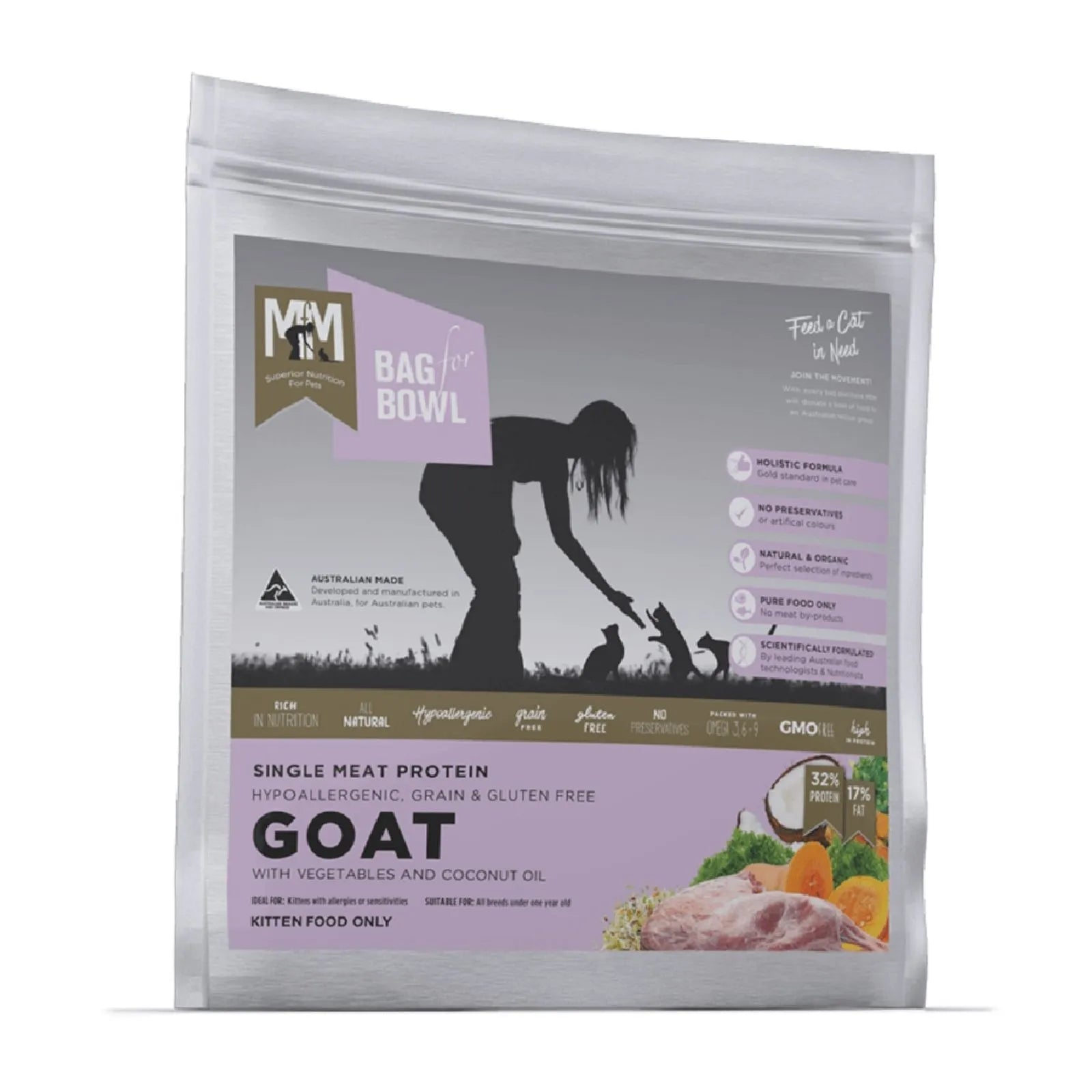 A stand-up resealable pouch of MMN Bag for Bowl single meat protein goat kitten food, shown on a plain white background. The packaging features a black silhouette of a person feeding a cat, with purple and brown label blocks and product imagery of raw goat meat and vegetables.
