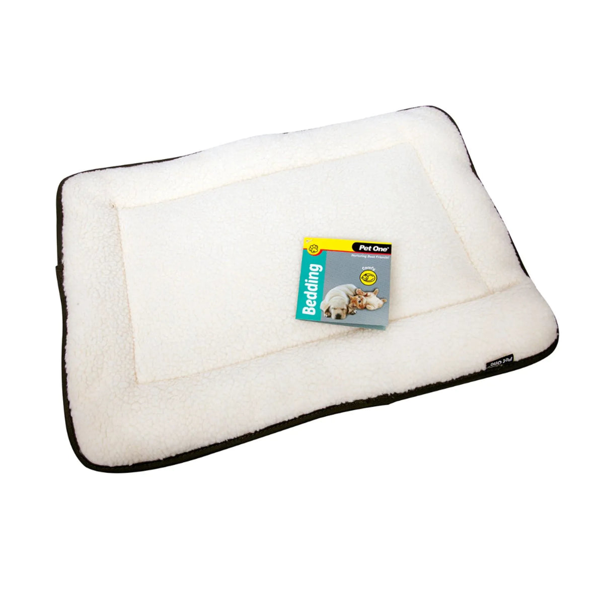 A Pet One rectangular waterproof dog cushion with faux sheepskin top in charcoal. White fleece pet bed with a black stitched border, featuring a small 'Pet Care Bedding' tag in the center, set against a plain white background.
