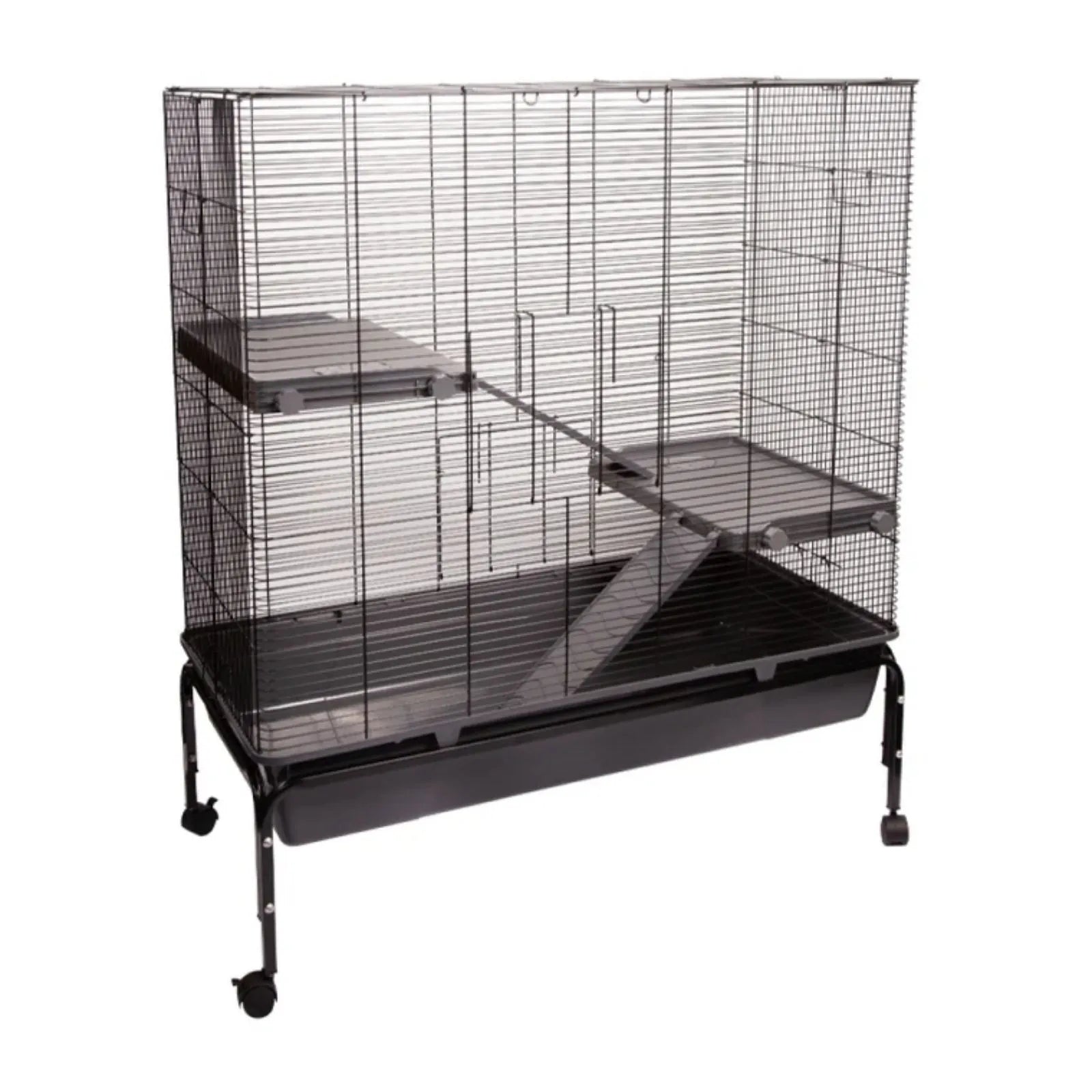 A large black wire mesh small animal cage with multiple levels, a ramp, and a bottom tray on wheeled casters, shown against a plain white background.