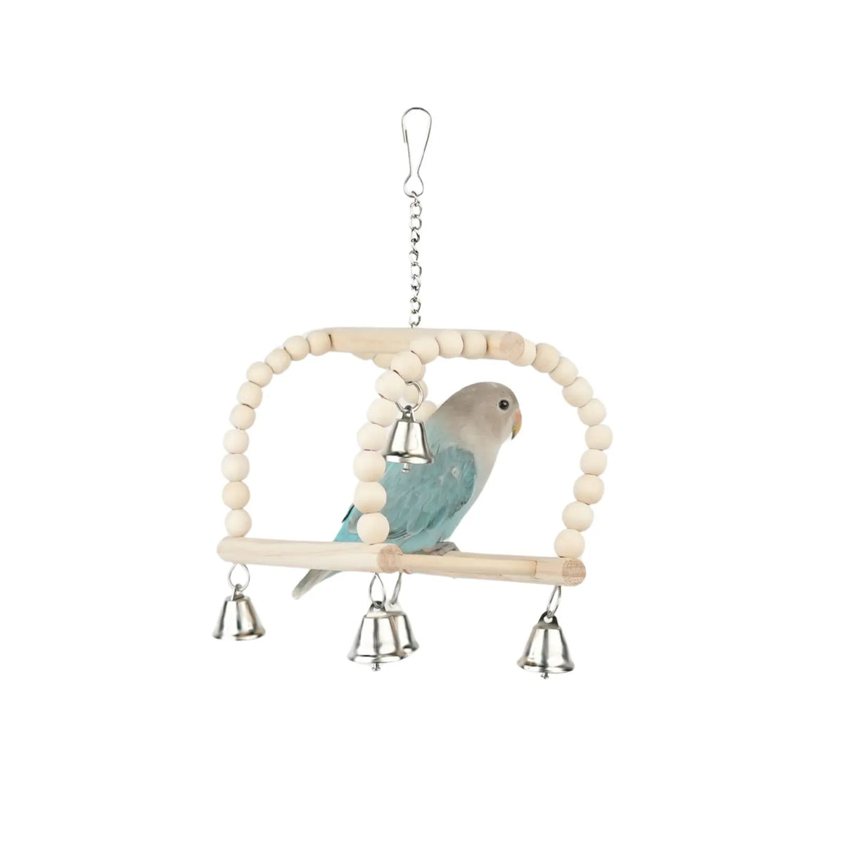 Petoria Bell and Bead Playground Bird Swing with wooden platform, beads and metal bells, and small metal bells, shown with a small blue-and-white bird on a plain white background.