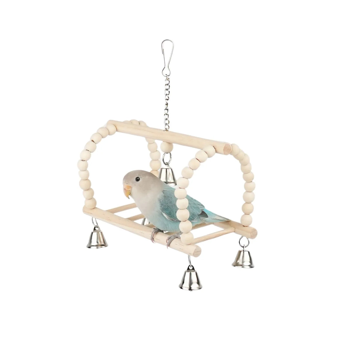 Petoria Bell and Bead Playground Bird Swing with wooden platform, beads and metal bells and a small blue-and-white bird perched on it, shown against a plain white background.
