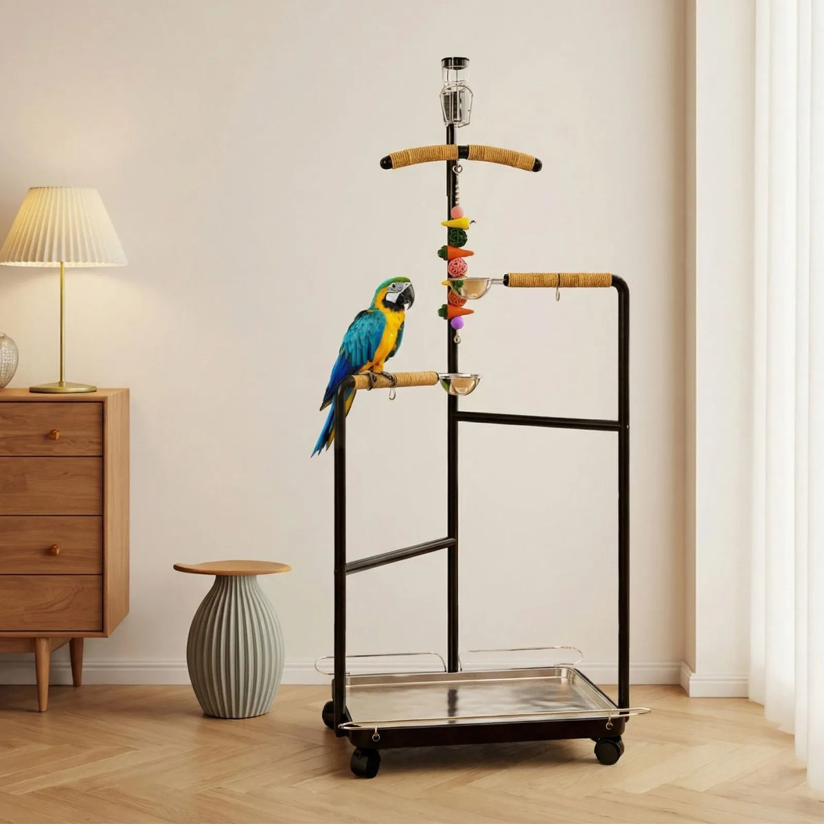 Petoria Canopy Perch Stand in black with elevated perch, feeder bowls and rolling base, shown in a bright room with a blue-and-yellow parrot perched on one of the bars.