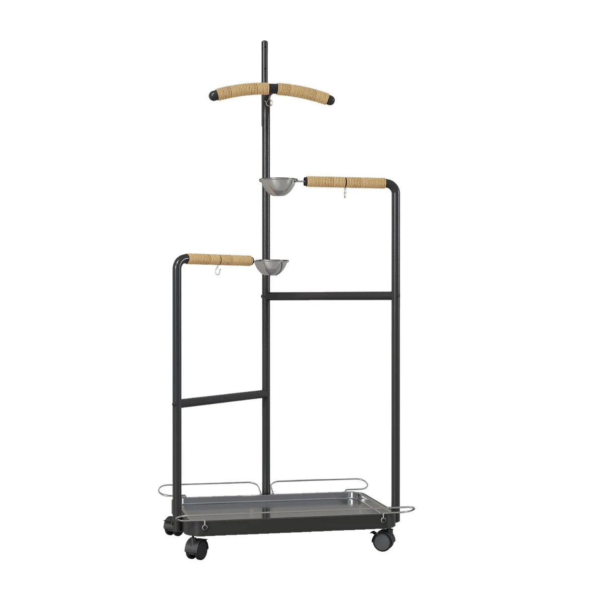Petoria Canopy Perch Stand in black with elevated perch, feeder bowls and rolling base