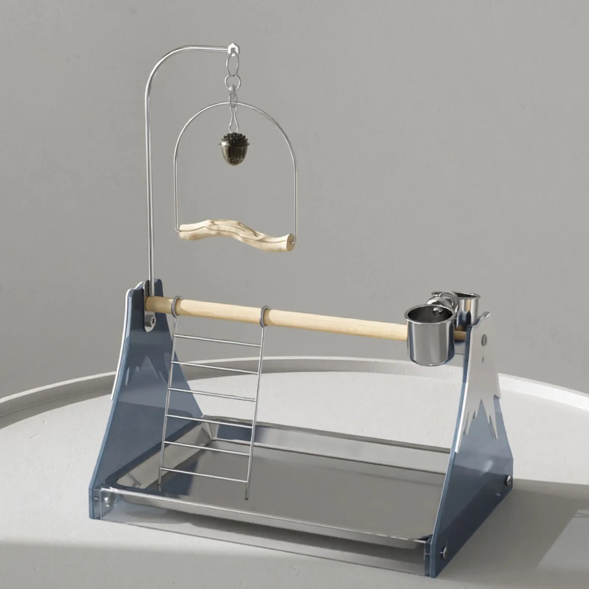 Petoria Forma clear acrylic tabletop bird perch with ladder and feeder cups