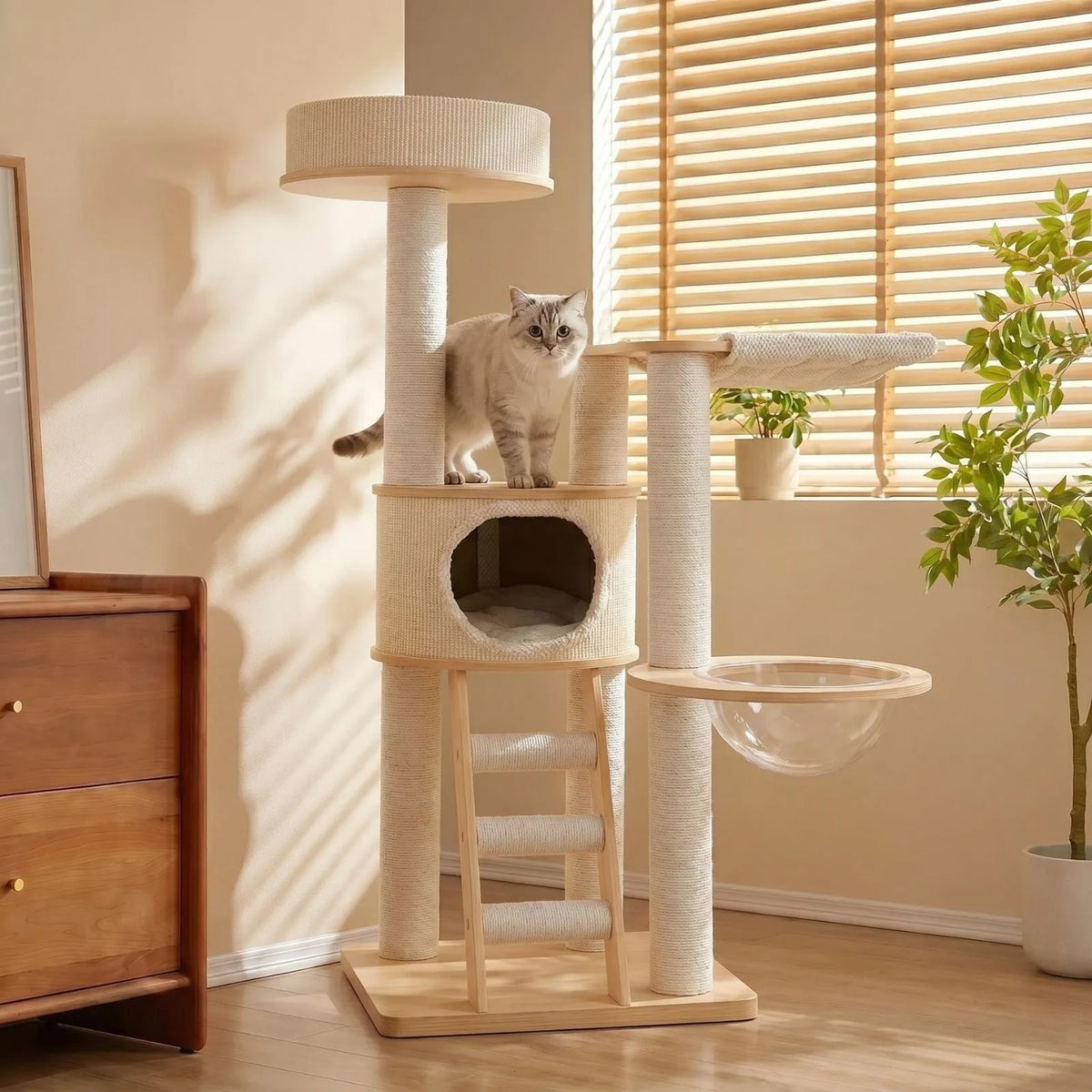A tall Petoria Grove Ladder cat tree with a cream-colored sisal-wrapped body, light wood base and platforms, and a clear glass bowl perch, shown in a sunlit room with a cat standing on the top platform. A dresser, window blinds, and potted plants are visible.