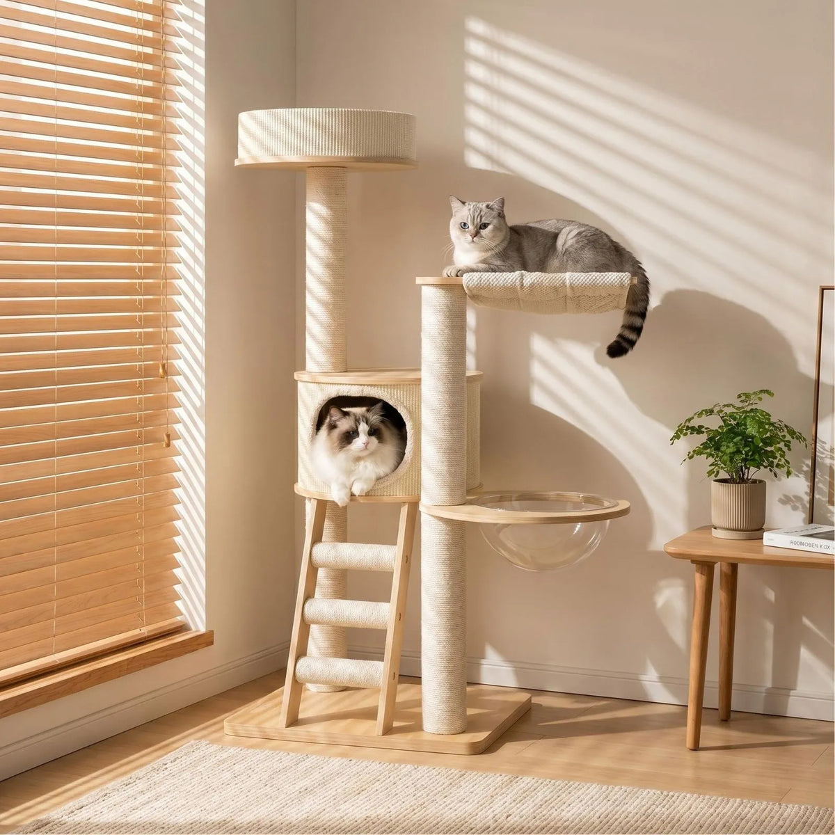 A tall Petoria Grove Ladder wooden and fabric cat tree with multiple levels, shown in a sunlit room with two cats using it. One cat is lying on the top platform, and another is sitting inside the lower cubby.
