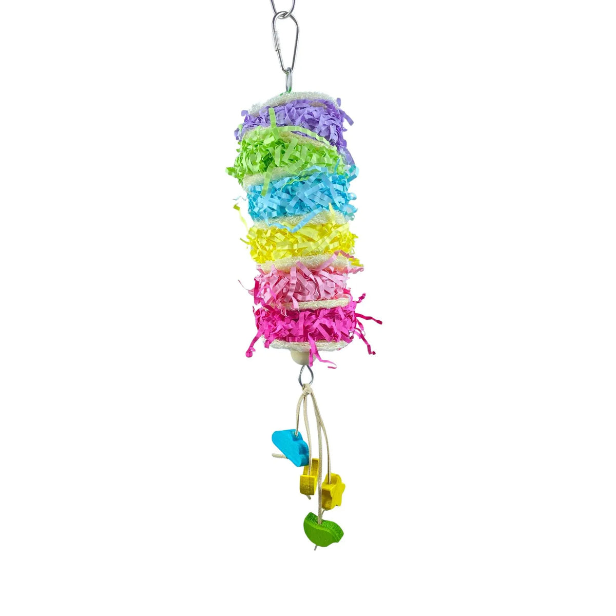 Petoria Rainbow Ruffle Shredder Bird Toy with colourful paper layers and hanging pieces