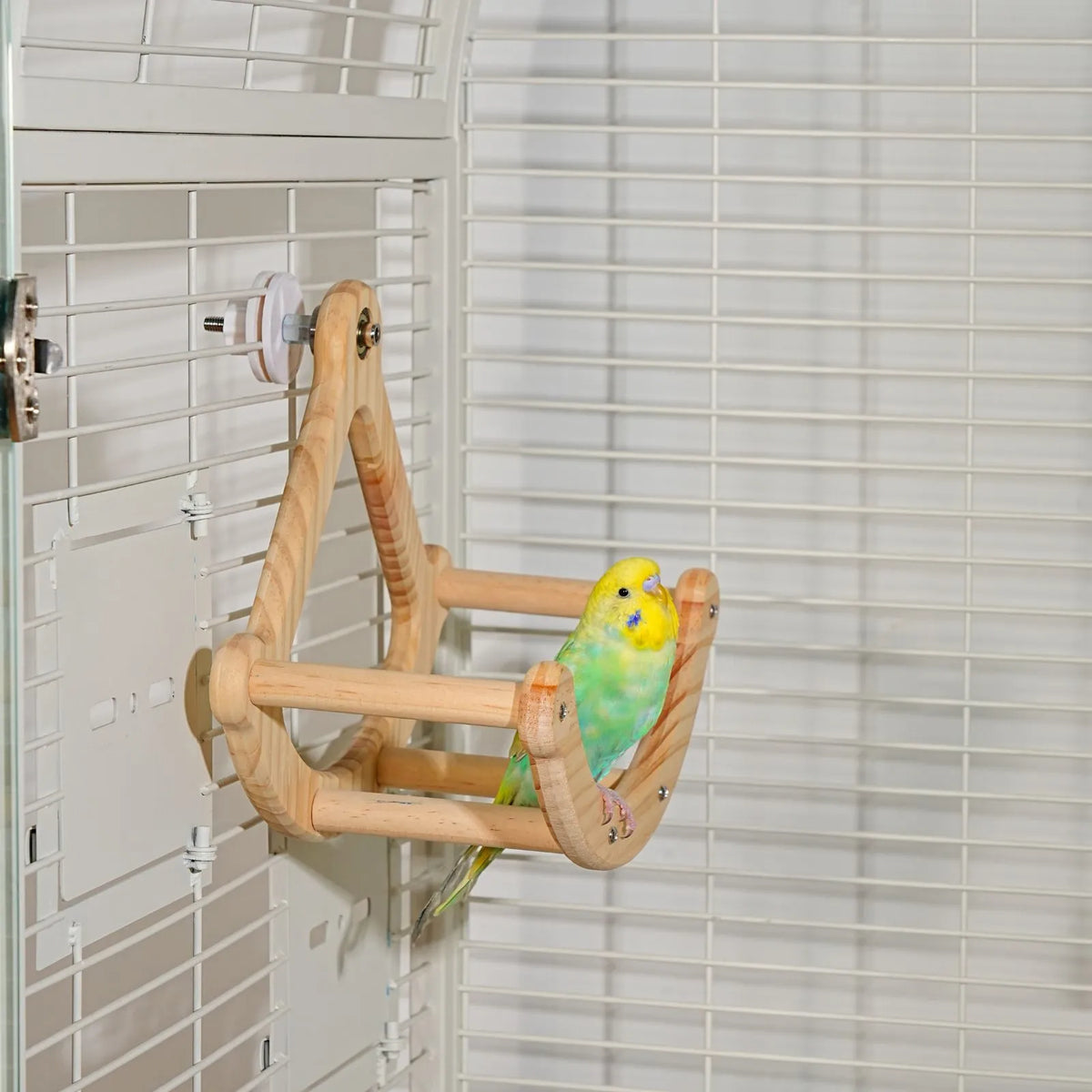 Petoria Rock-a-Bird pine wood hammock attached inside a bird enclosure