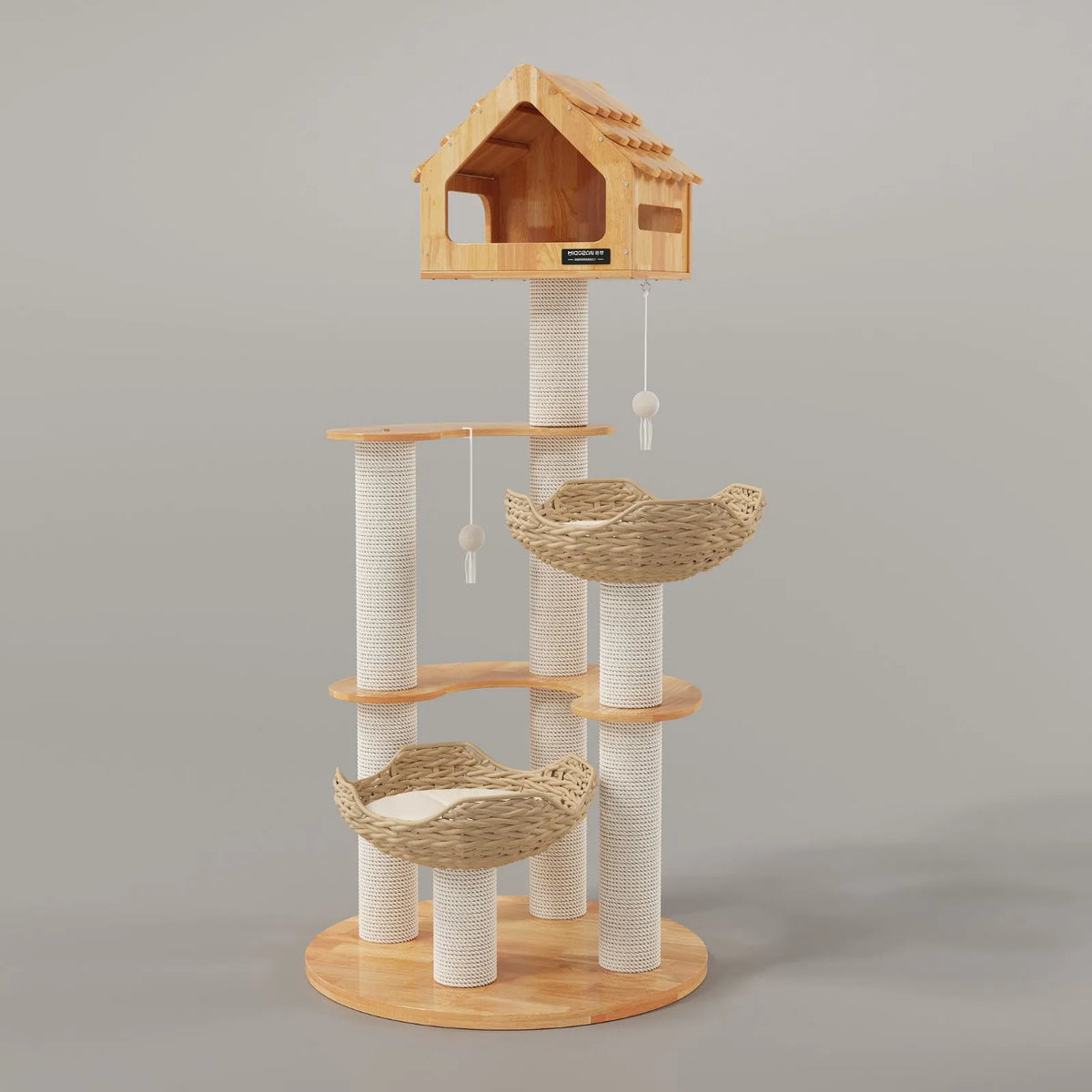 Tall Scandi Meadow Basket Cat Tree with two woven beds, an elevated wooden cat house and rope-wrapped scratching columns.