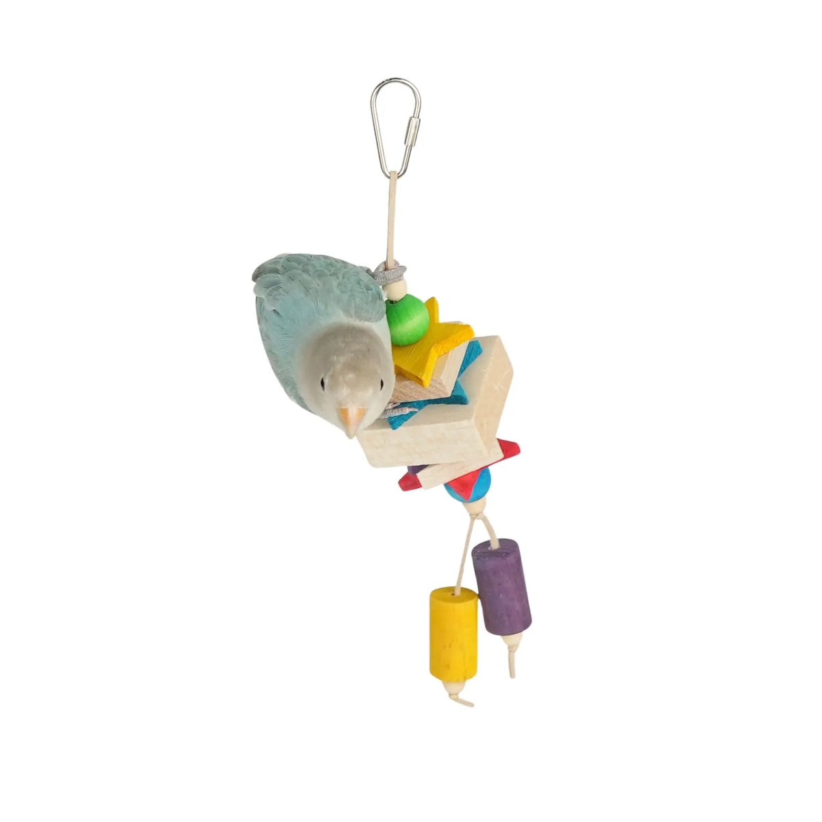 A bird toy hanging from a Petoria Twinkle Star Jingle Stack Bird Toy with colourful wooden stars, blocks and beads.