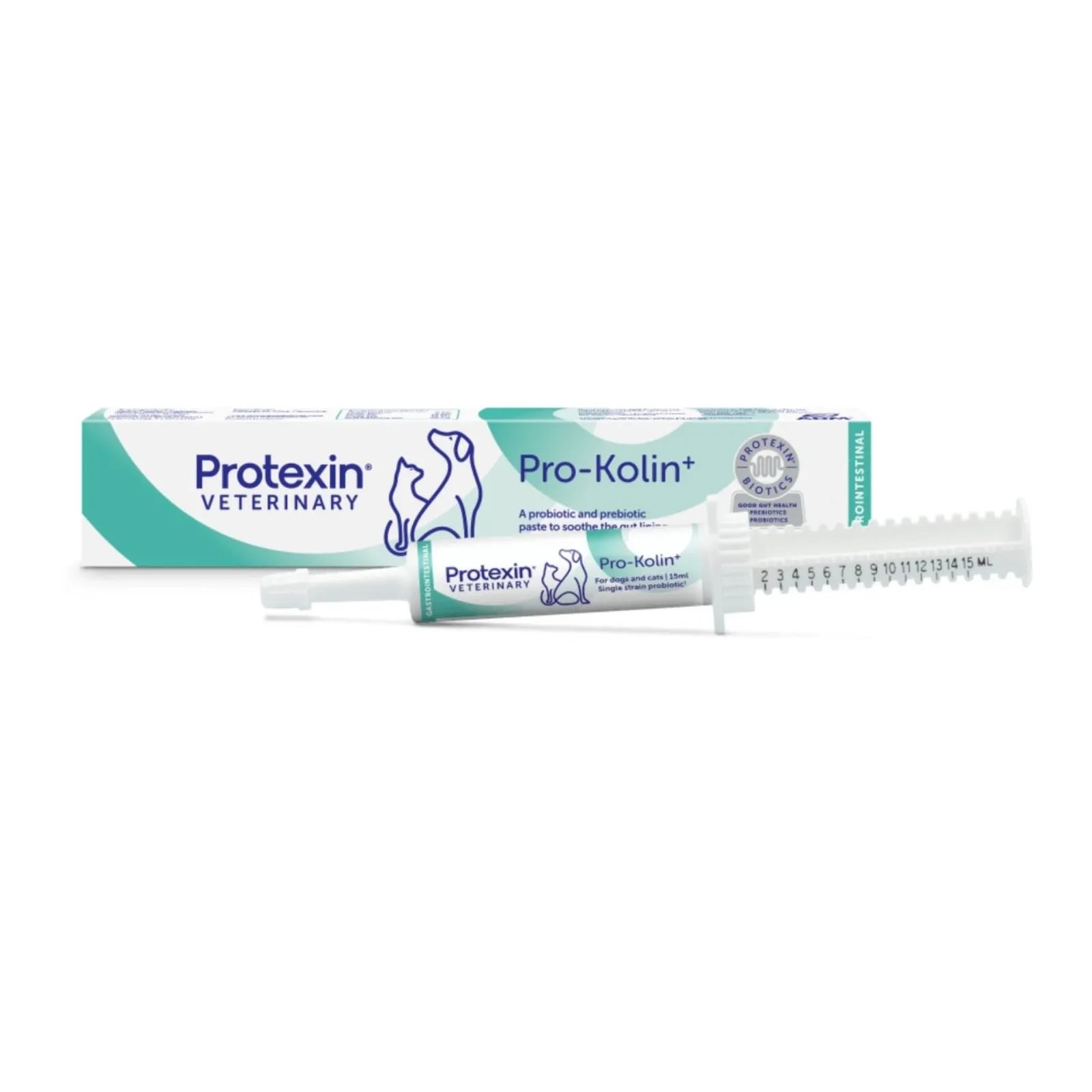 A tube of Protexin Veterinary Pro-Kolin+ probiotic and prebiotic for dogs and cats, shown in front of its retail box on a plain white background.