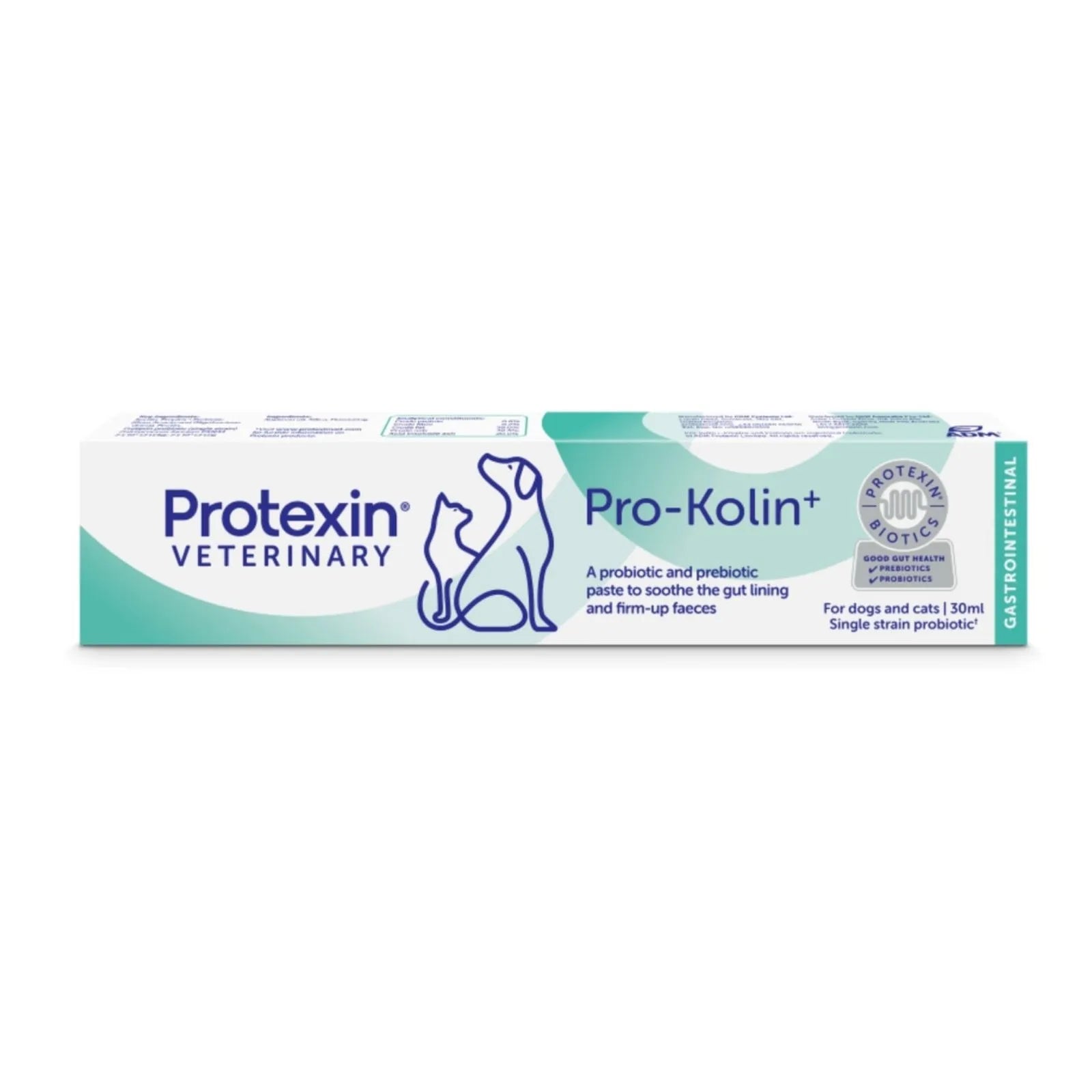 A box of Protexin Veterinary Pro-Kolin+ probiotic paste for dogs and cats, featuring a white and teal design with blue text and line drawings of a cat and dog.