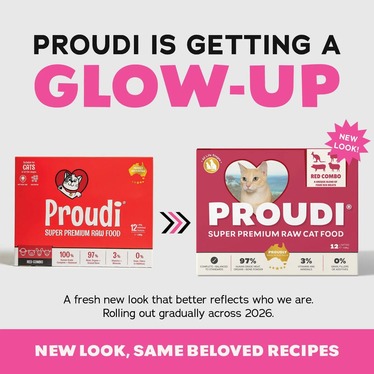 Promotional graphic for Proudi cat food announcing a new look. The image shows two red and pink boxes of Proudi Super Premium Raw Cat Food side by side with a large headline reading 'PROUDI IS GETTING A GLOW-UP' and a pink banner at the bottom that says 'NEW LOOK, SAME BELOVED RECIPES'.