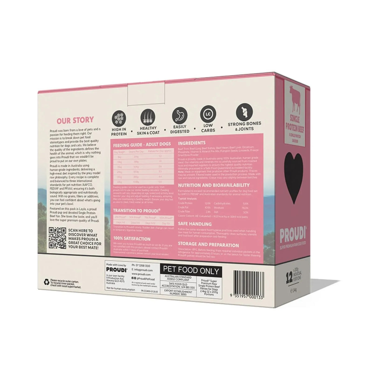 Proudi Single Protein Beef Raw Patties for Dogs - 12 x 200g