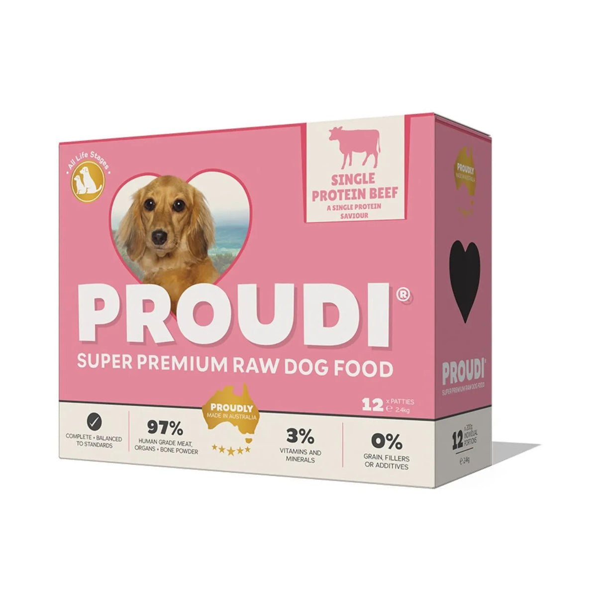 Proudi Single Protein Beef Raw Patties for Dogs - 12 x 200g