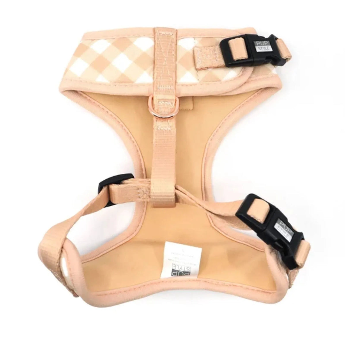 PUPSTYLE Creme Brulee gingham adjustable step-in dog harness.