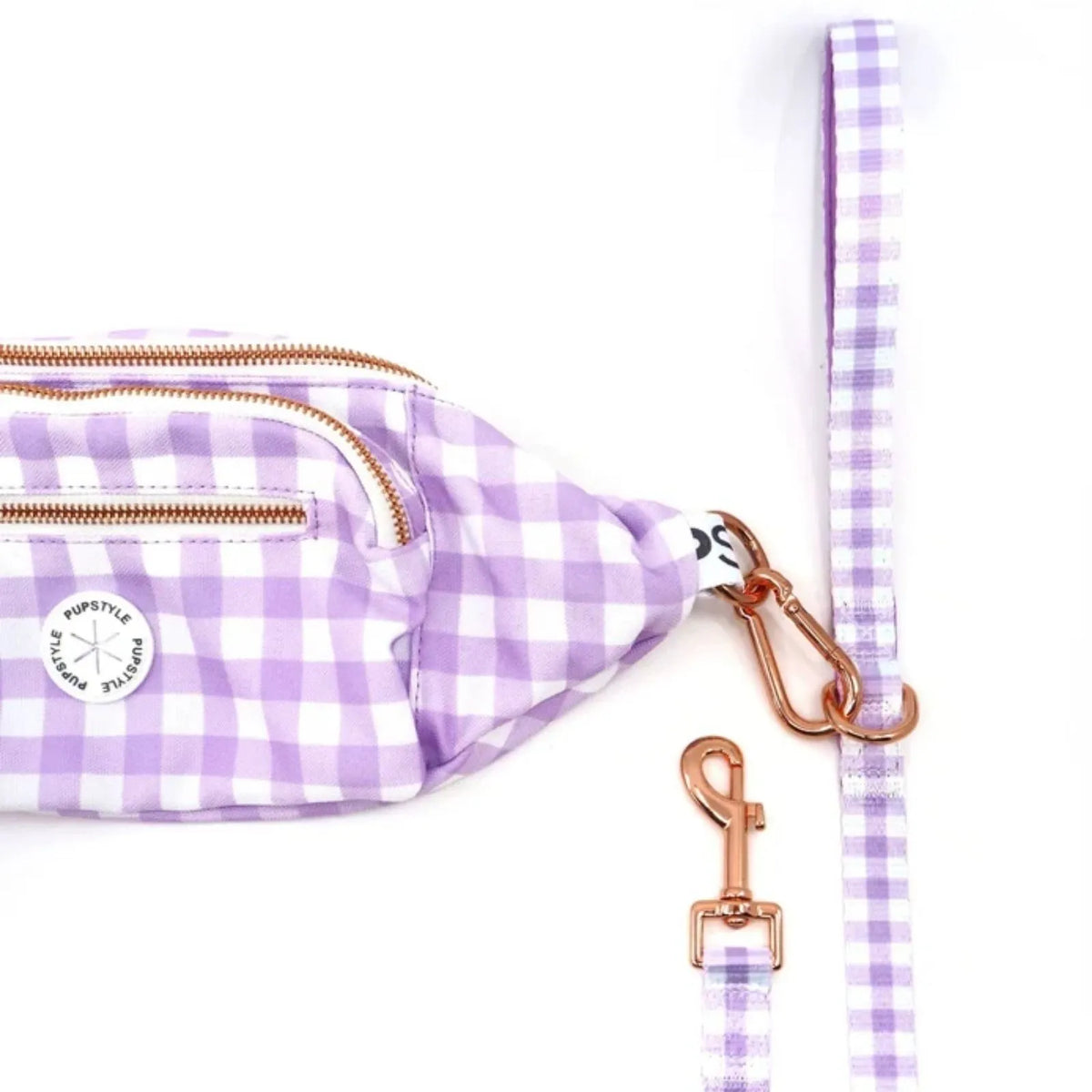A Pupstyle Berry Milkshake Dog Parent Bum Bag with rose gold hardware, shown alongside its matching strap on a white background.