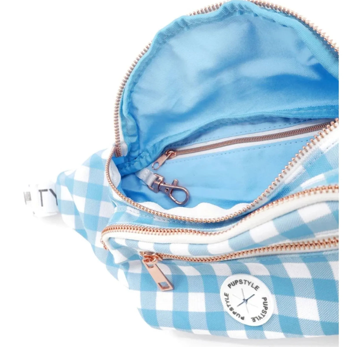 A close-up of a Pupstyle Blueberry Muffin Dog Parent Bum Bag with adjustable waist strap with rose gold zippers and a white circular 'PUPSTYLE' brand patch on the front.