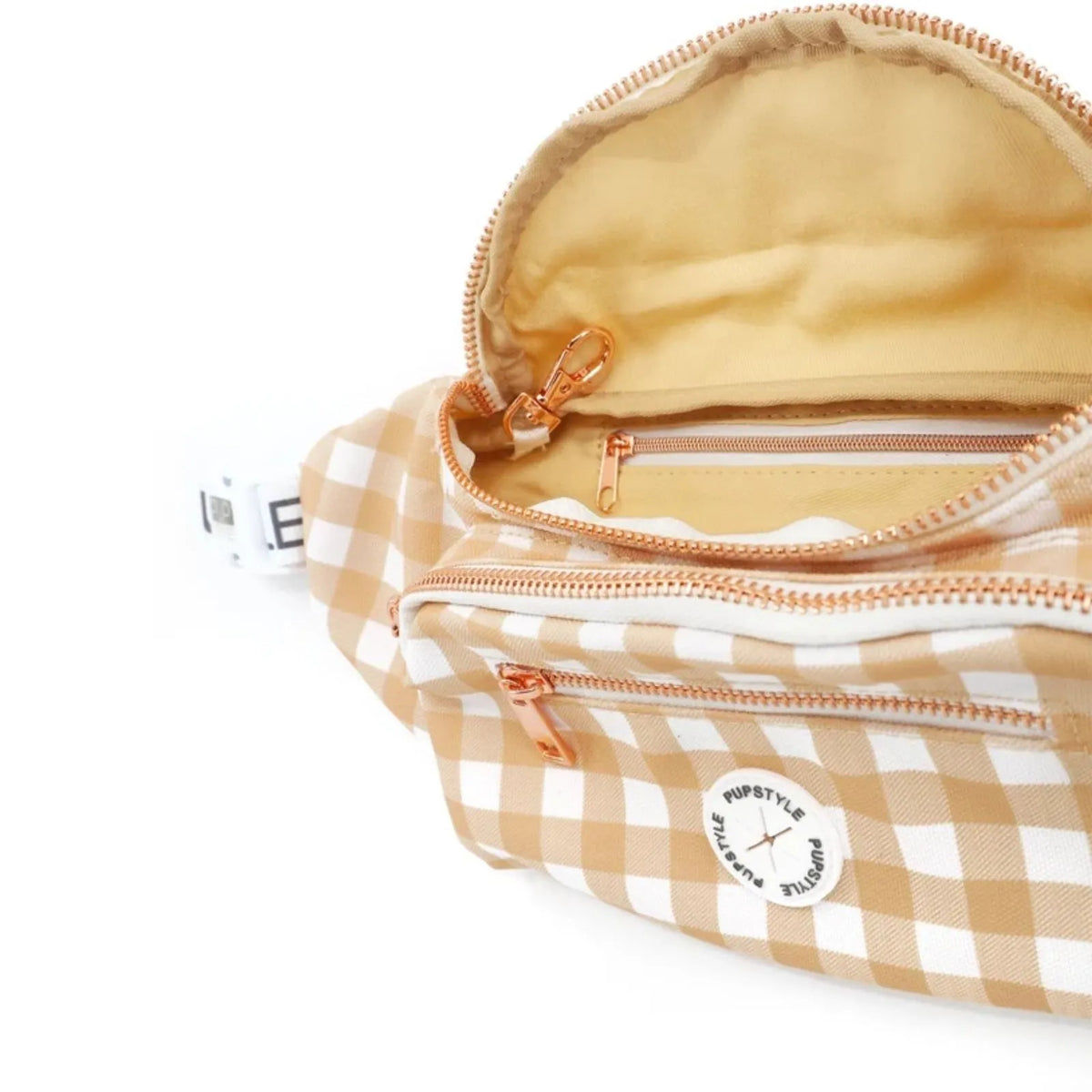Pupstyle Creme Brulee Dog Parent Bum Bag with a tan interior lining.