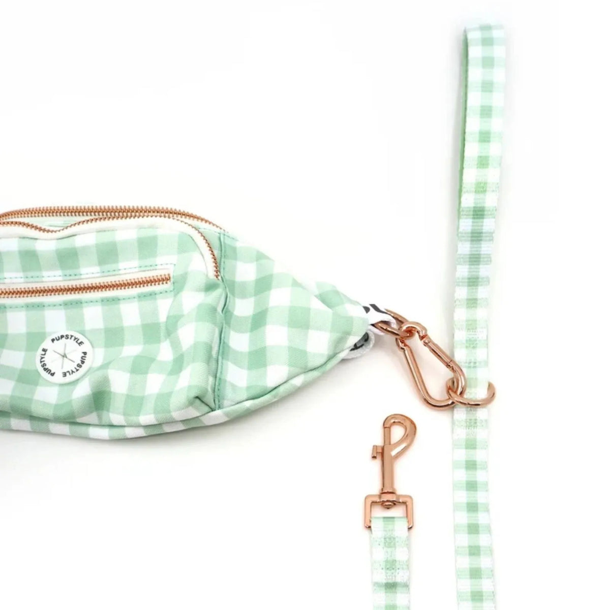 Pupstyle Sweet Apple Dog Parent Bum Bag pictured with a Pupstyle lead.