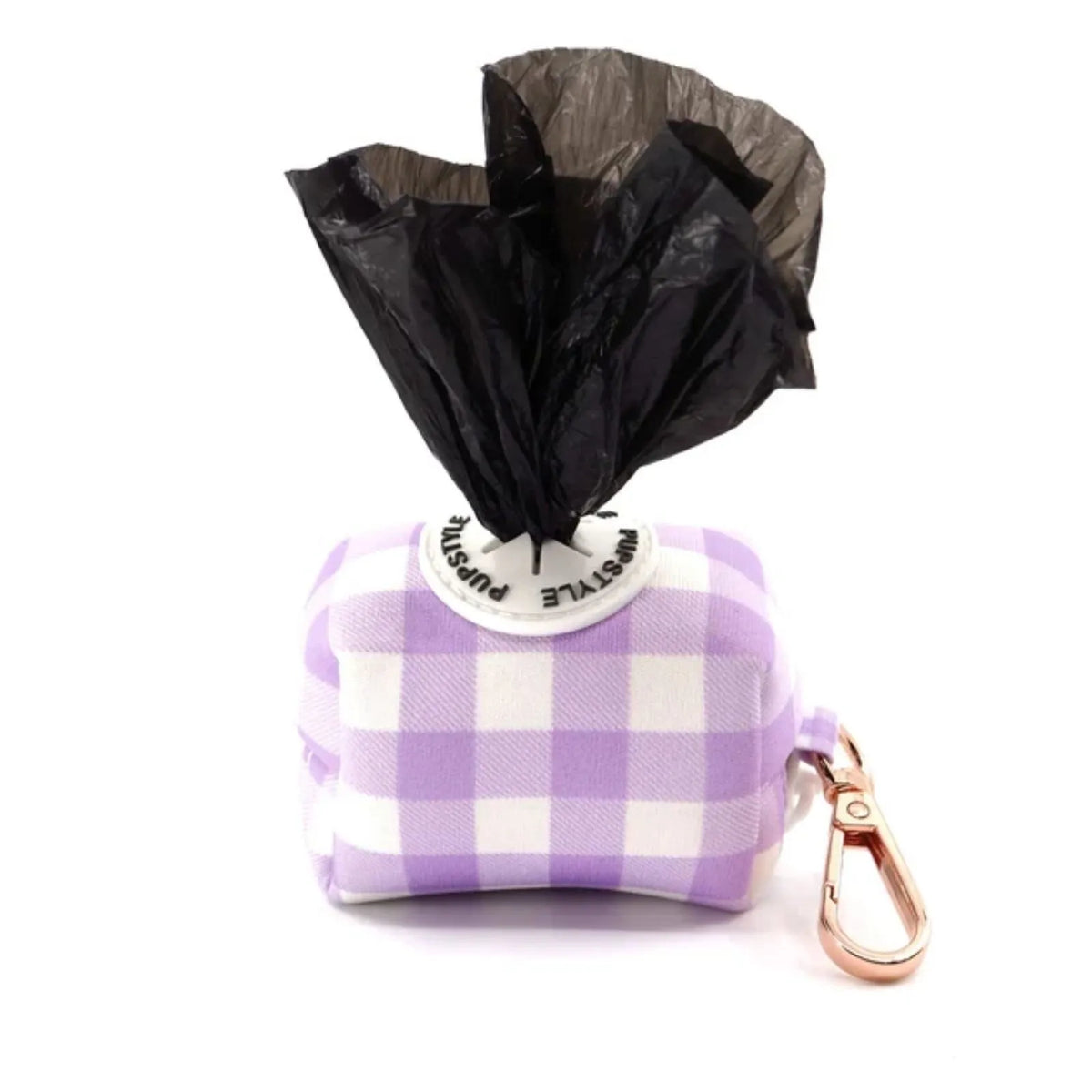 Pupstyle Berry Milkshake Dog Poop Bag Holder with rose gold snap clip with bag pulled out.