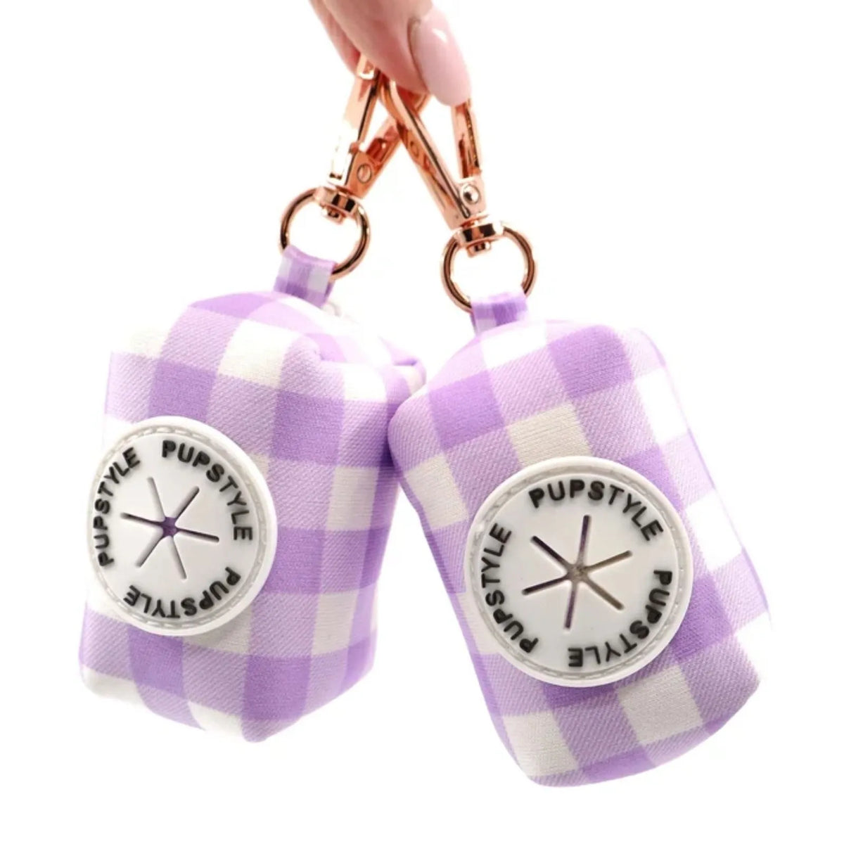Two Pupstyle Berry Milkshake Dog Poop Bag Holder with rose gold snap clip.