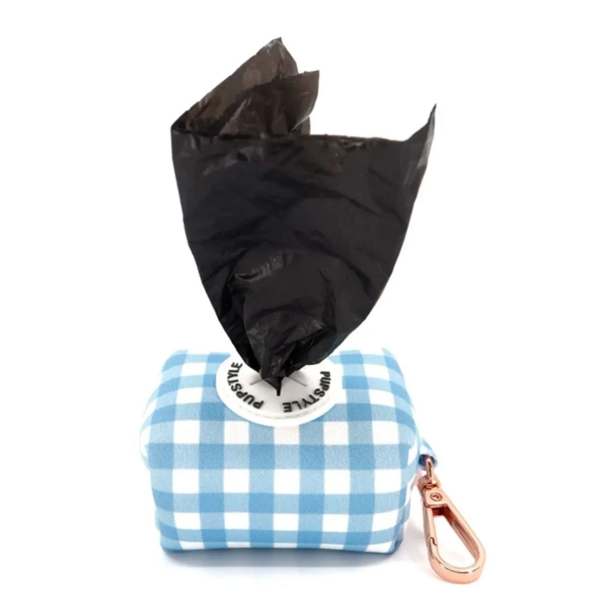 Pupstyle Blueberry Muffin Dog Poop Bag Holder with rose gold snap clip with bag pulled out.