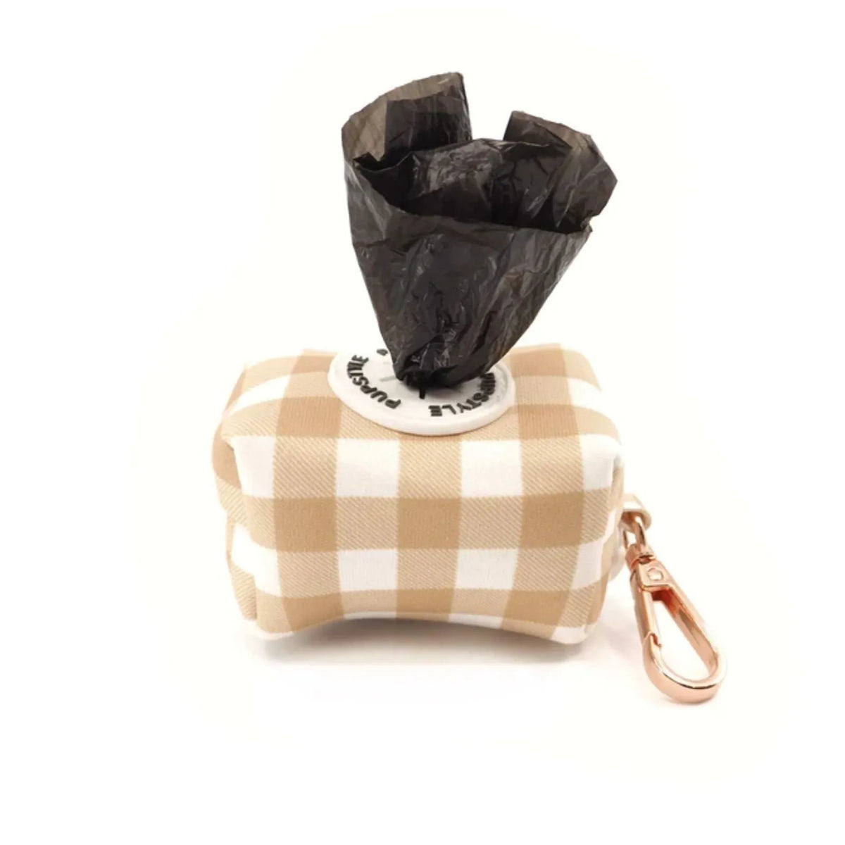 Pupstyle Creme Brulee Dog Poop Bag Holder with rose gold snap clip with bag pulled out.