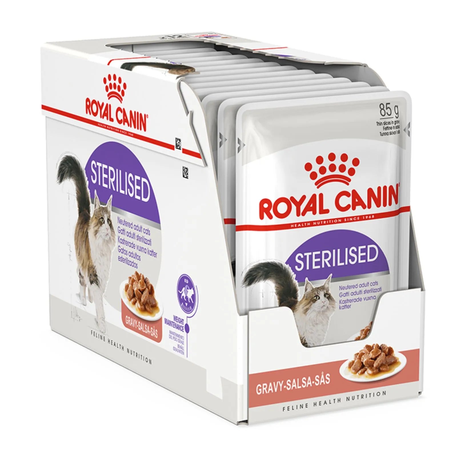 A Royal Canin Sterilised Gravy-Salsa-Sás cat food display box containing multiple individual pouches, shown on a plain white background.