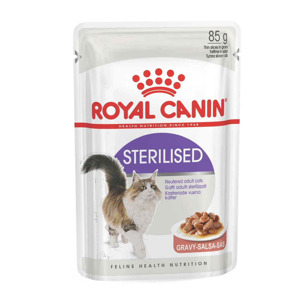 A Royal Canin Sterilised cat food pouch, 85g, featuring a white background with red and purple branding, an illustration of a long-haired cat, and a small bowl of wet food at the bottom.