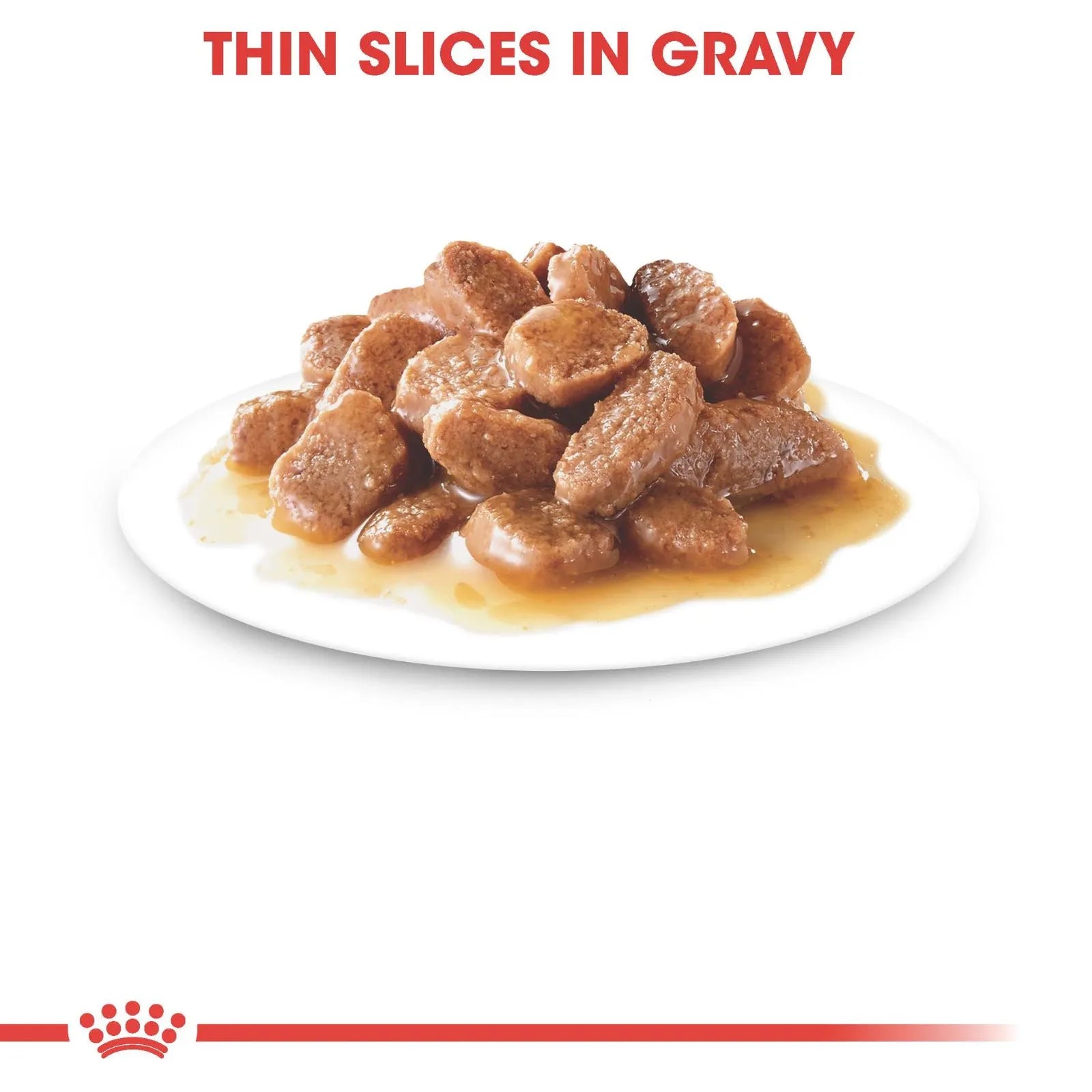 A plate of browned, thick-cut meat slices in a light brown gravy, with the text 'THIN SLICES IN GRAVY' above and a red Royal Canin logo at the bottom.