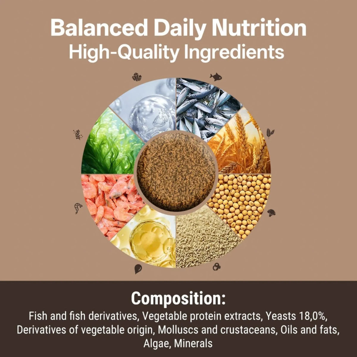 A promotional graphic for a balanced daily nutrition product, featuring a circular collage of ingredient icons including fish, wheat, soybeans, greens, shrimp, oil, and grains, with text reading 'Balanced Daily Nutrition' and 'High-Quality Ingredients.'.