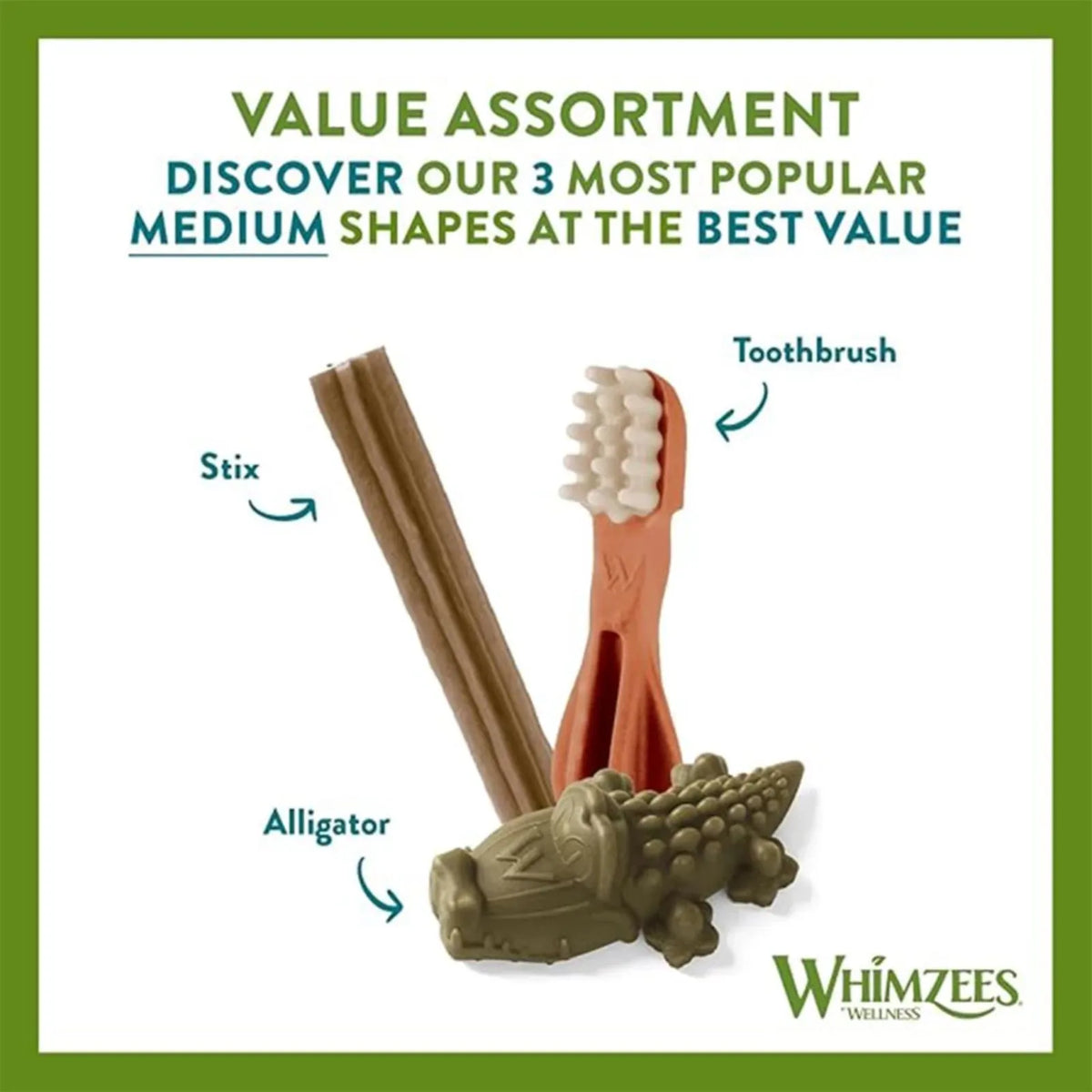 Whimzees dog chew toys including a toothbrush, stix, and alligator with promotional text on a white background.