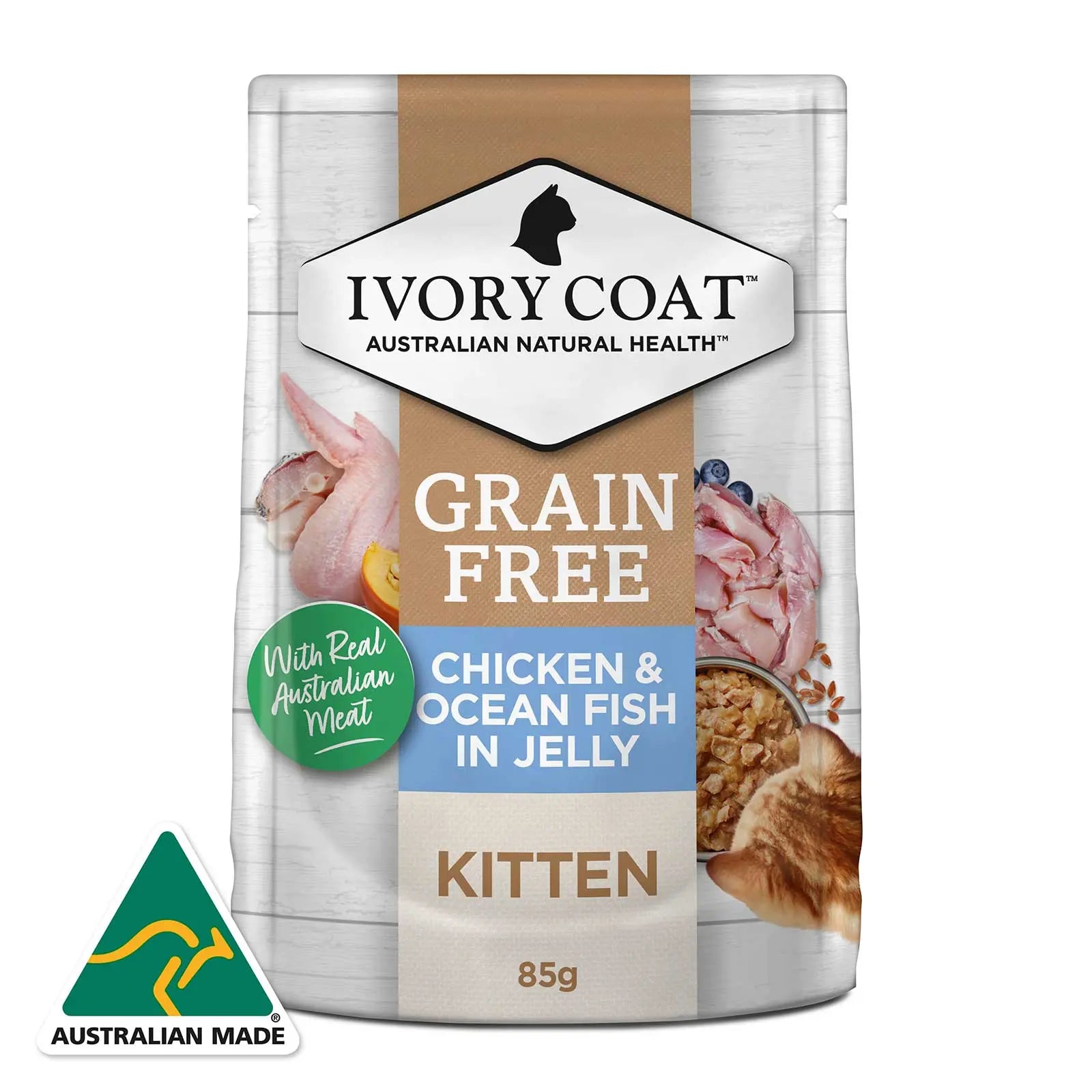 Ivory Coat Cat Food Pouch Kitten Chicken & Ocean Fish in Jelly - Kellyville Pets