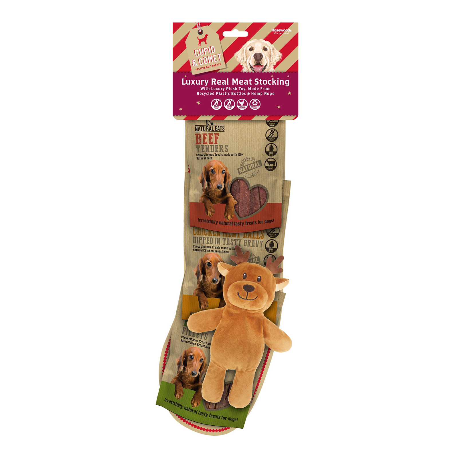 Cupid & Comet Xmas Dog Treat Luxury Natural Eats Stocking with Rope Reindeer Toy