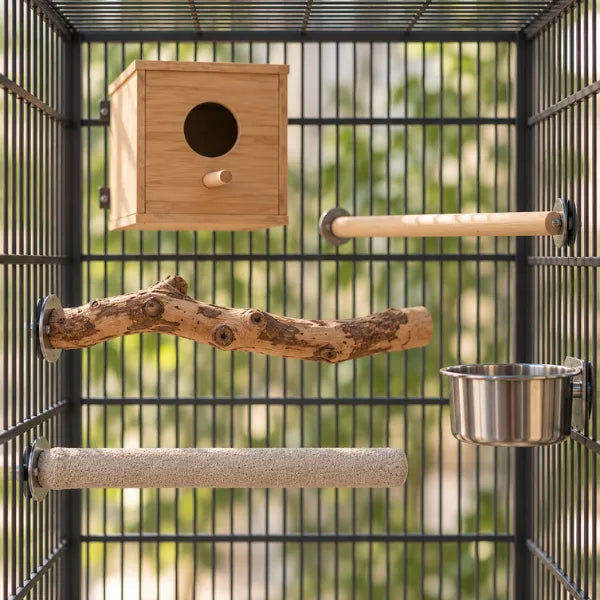 Perches, feeders, breeding