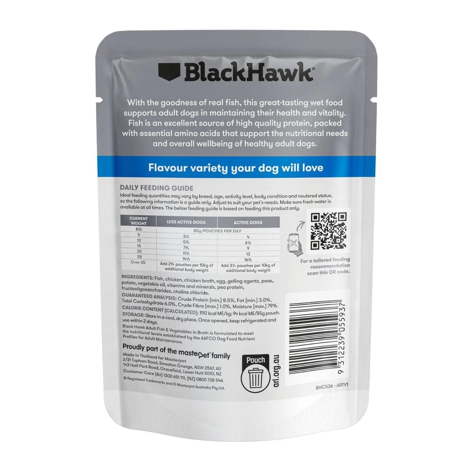 Black Hawk Dog Food Pouch Adult Fish & Vegetables 12x85g Black Hawk