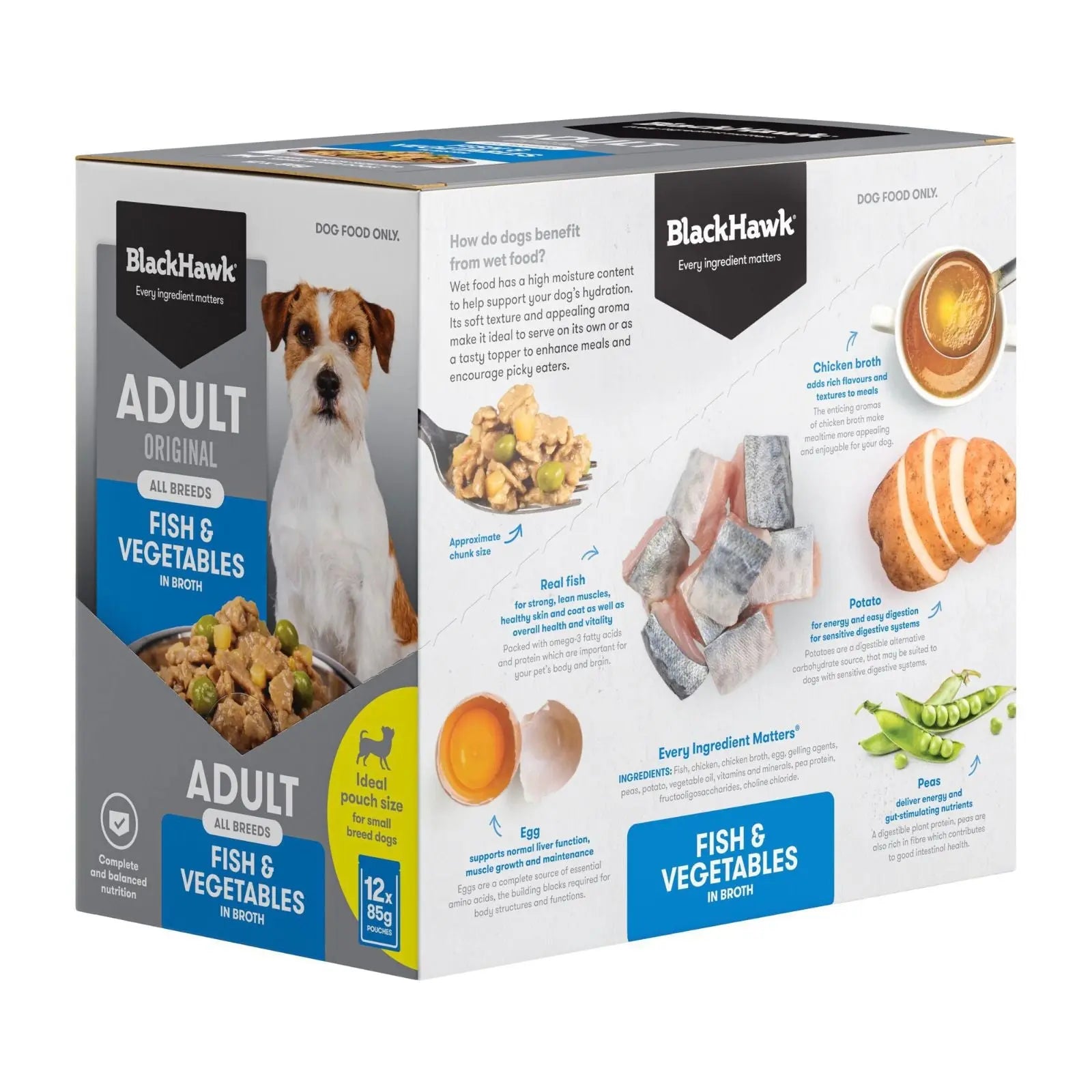 Black Hawk Dog Food Pouch Adult Fish & Vegetables 12x85g Black Hawk