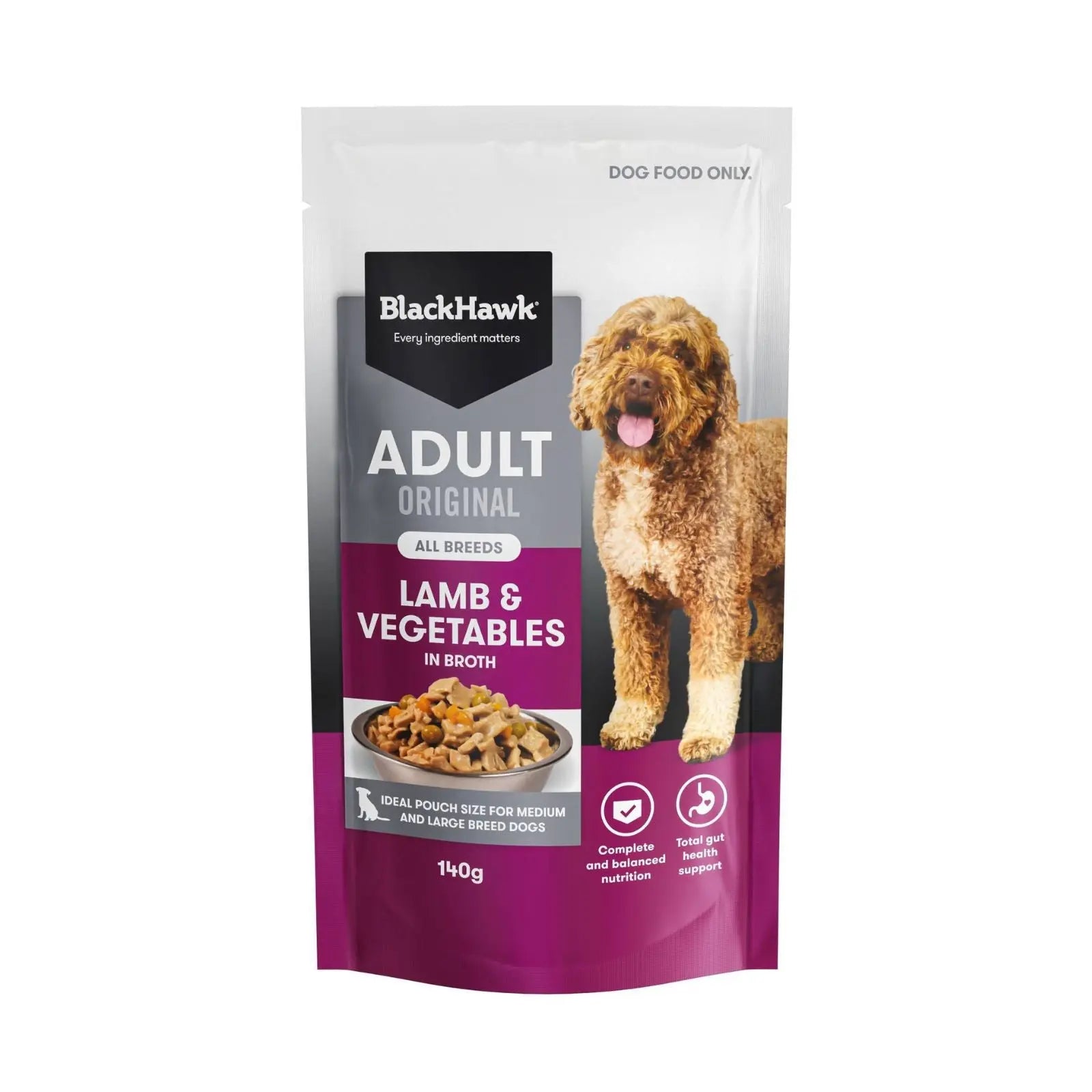 Black Hawk Dog Food Pouch Adult Lamb & Vegetables 10x140g Black Hawk