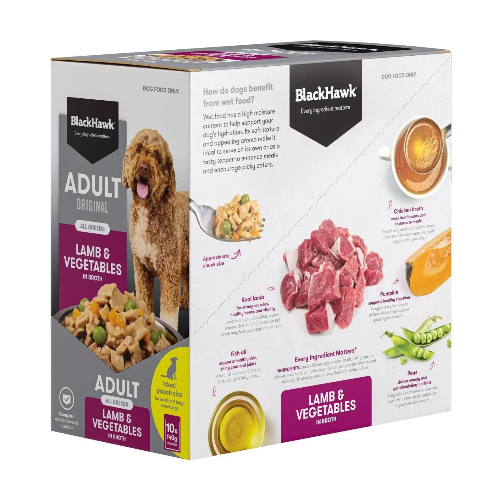 Black Hawk Dog Food Pouch Adult Lamb & Vegetables 10x140g Black Hawk