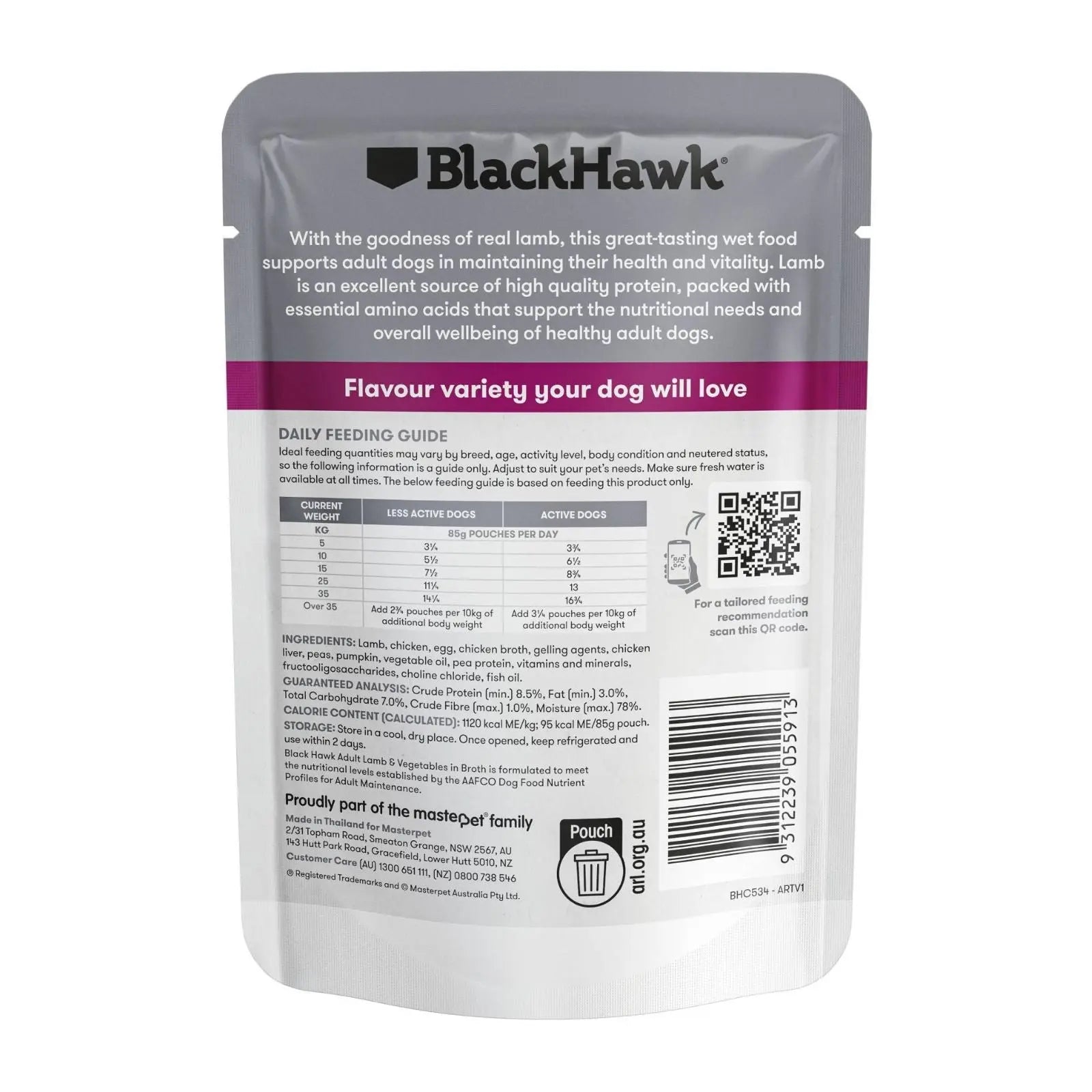 Black Hawk Dog Food Pouch Adult Lamb & Vegetables 12x85g Black Hawk