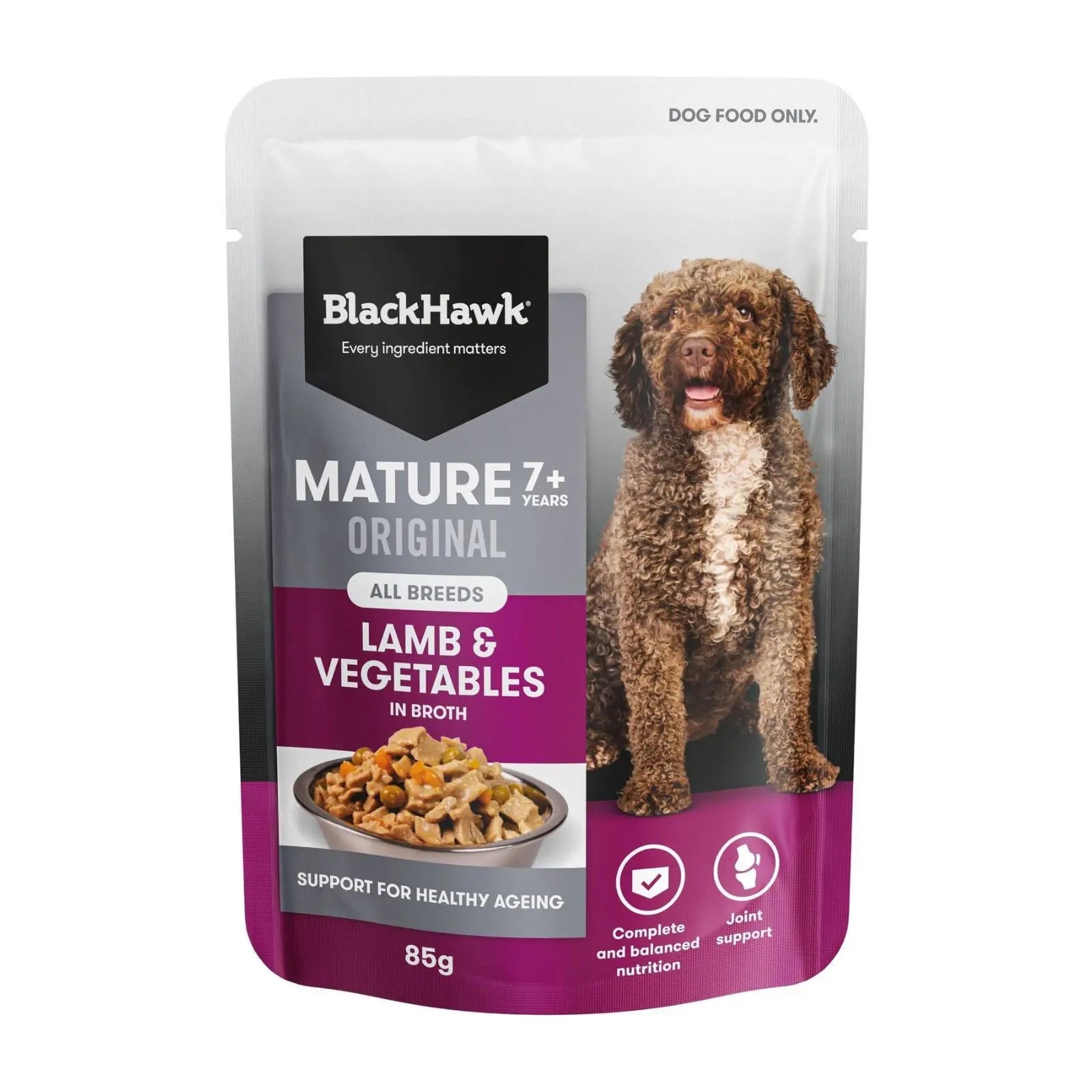 Black Hawk Dog Food Pouch Mature Lamb & Vegetables 12x85g Black Hawk