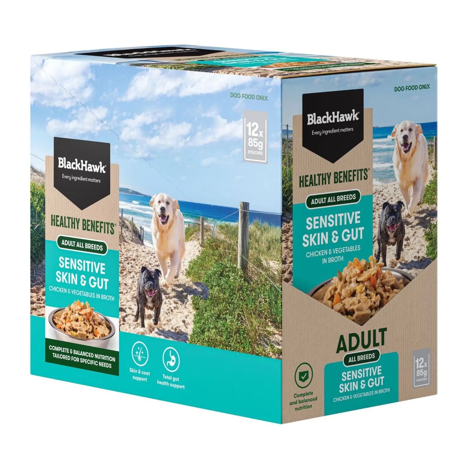 Black Hawk Healthy Benefits Dog Food Pouch Sensitive Skin & Gut 12x85g Black Hawk