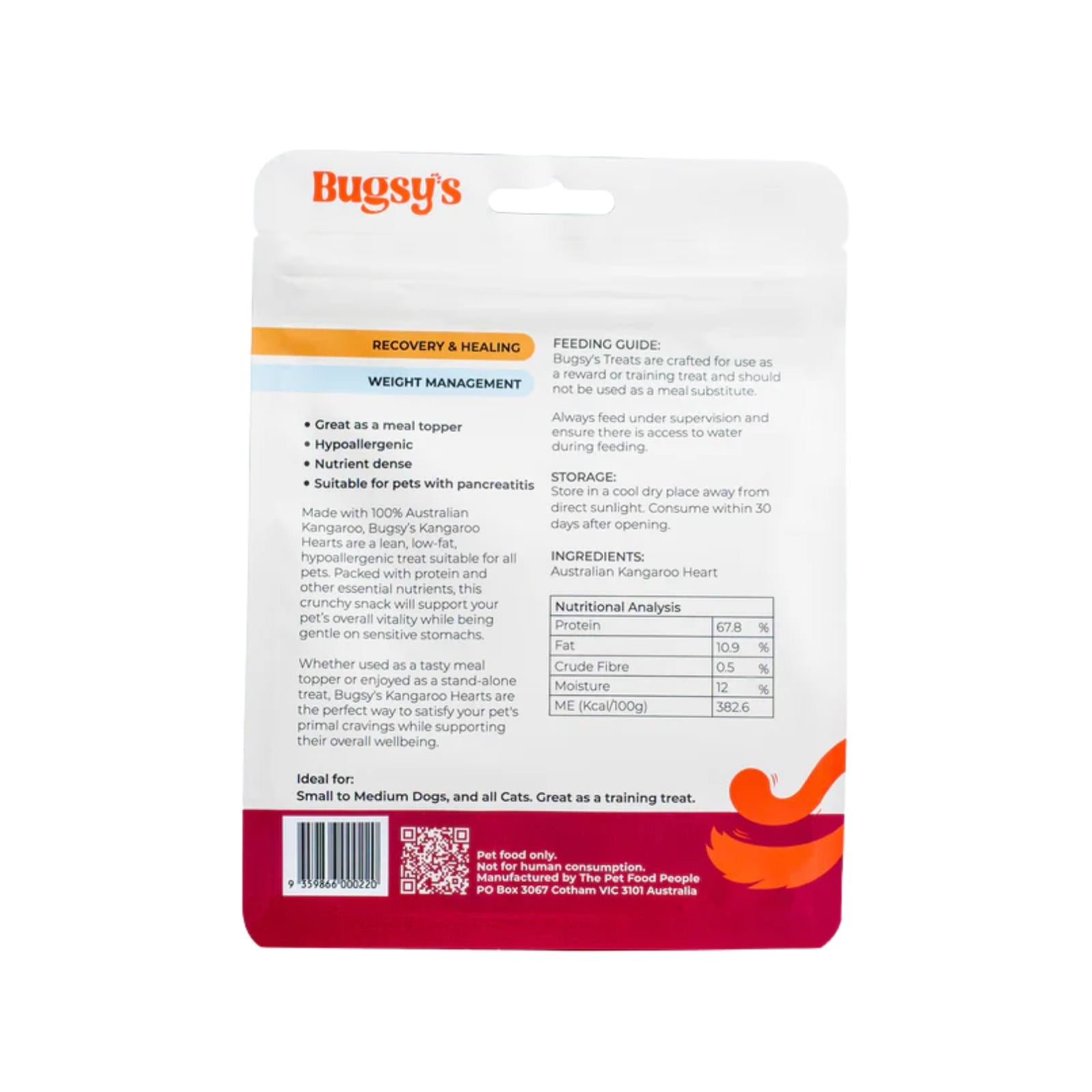 Bugsy's Kangaroo Heart Dog & Cat Treat - 80g