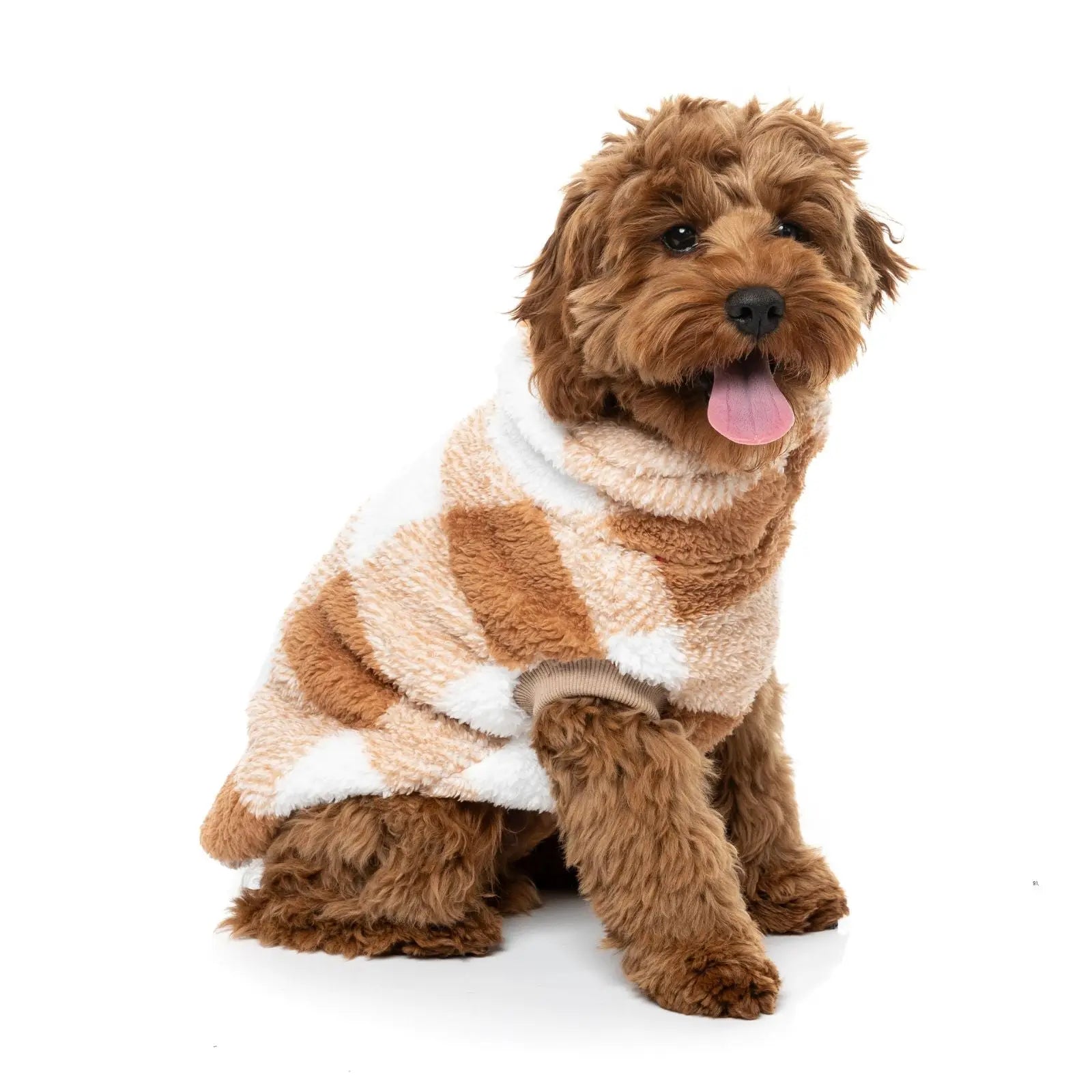 Fuzzyard Checkered Teddy Sweater  Dog Coat - Tan Fuzzyard