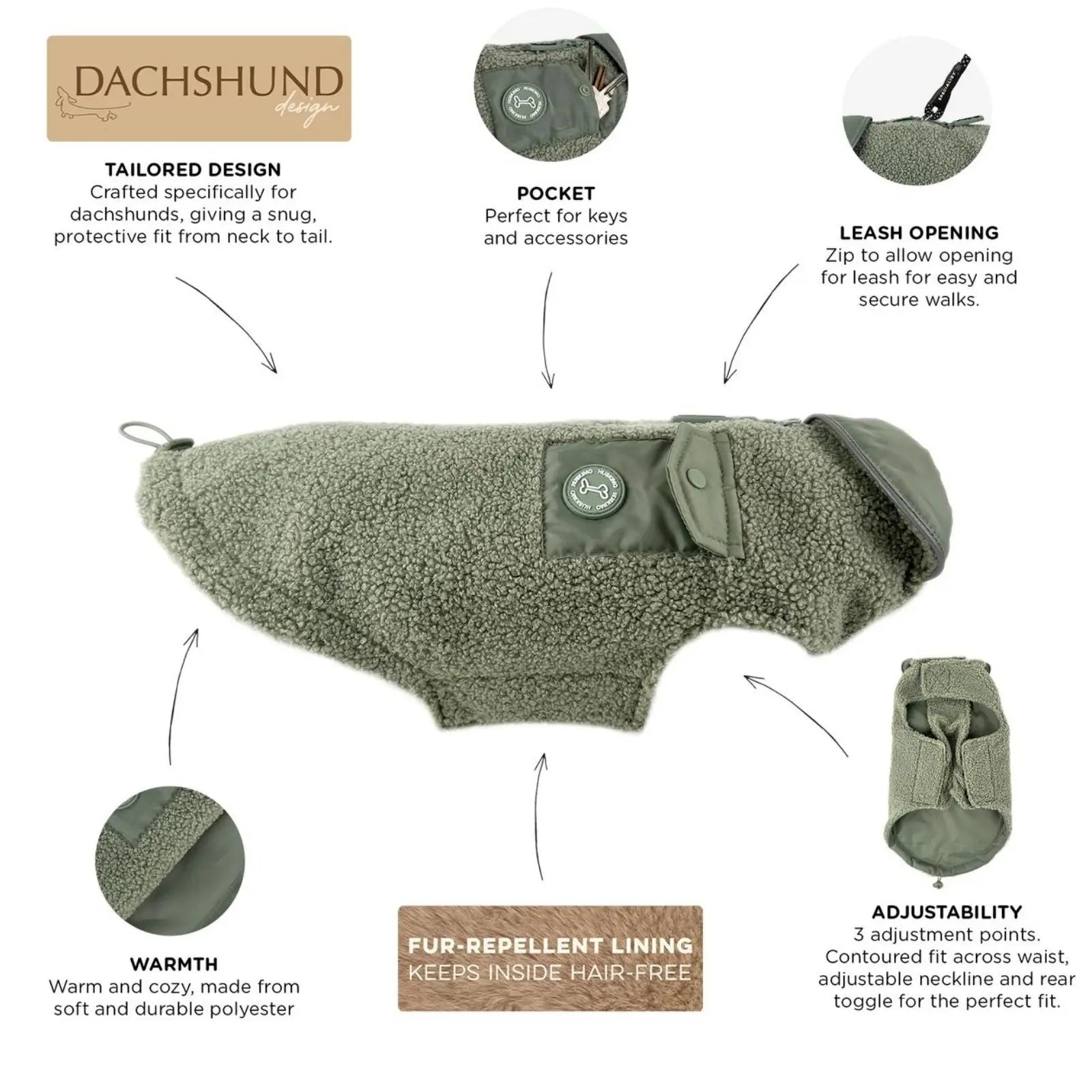 Huskimo Boucle – Gum Leaf Green Warm Winter Dog Jacket (Dachshund Fit) Huskimo
