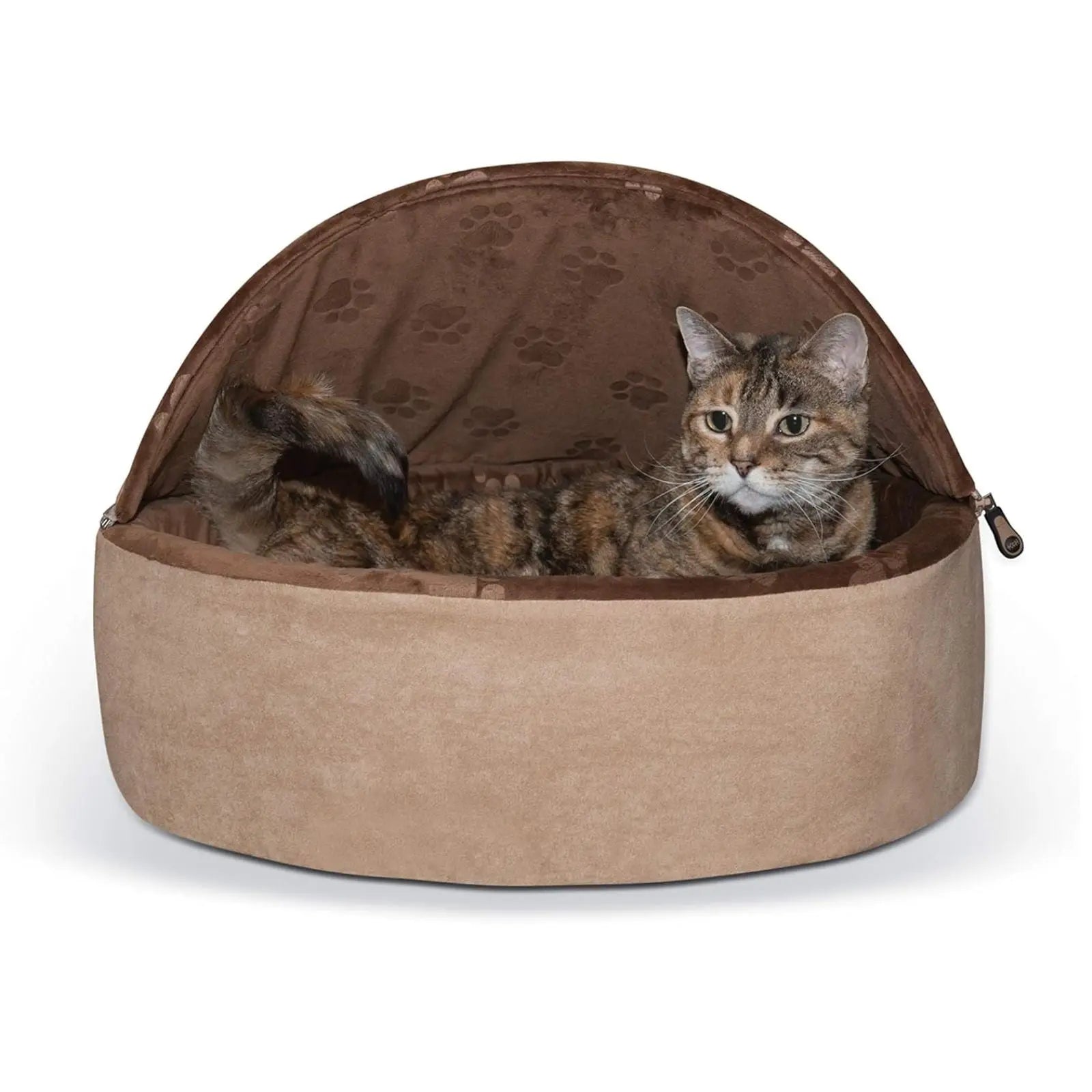 K & H Self Warming Hooded Kitty Bed - Chocolate/Tan K & H
