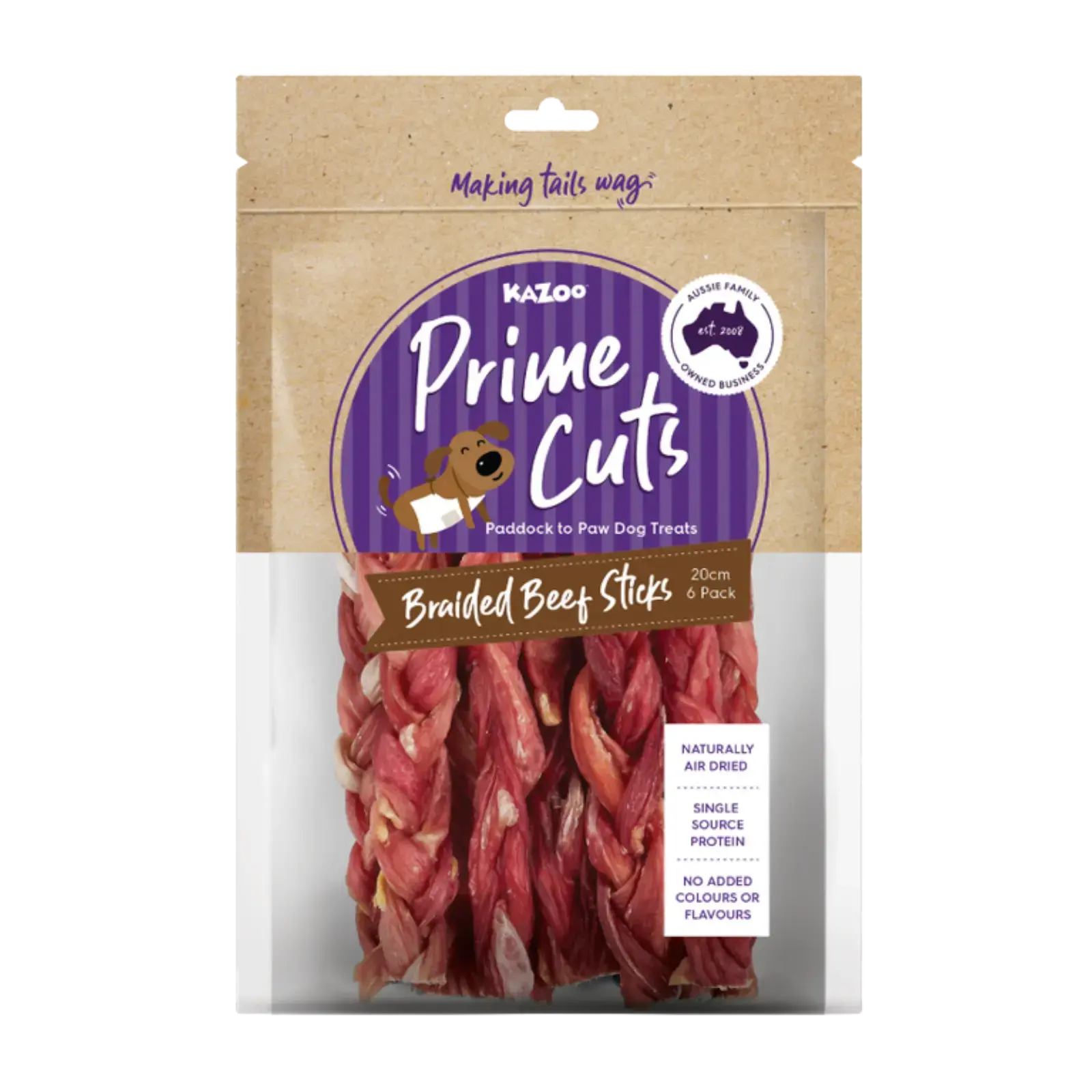 Kazoo Prime Cuts Braided Beef Sticks Dog Treats - 20cm Prime Cuts
