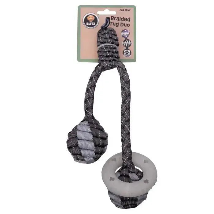 Pet One Blitz Braided Tug Duo with Glow In The Dark Ring Dog Toy - Grey Pet One